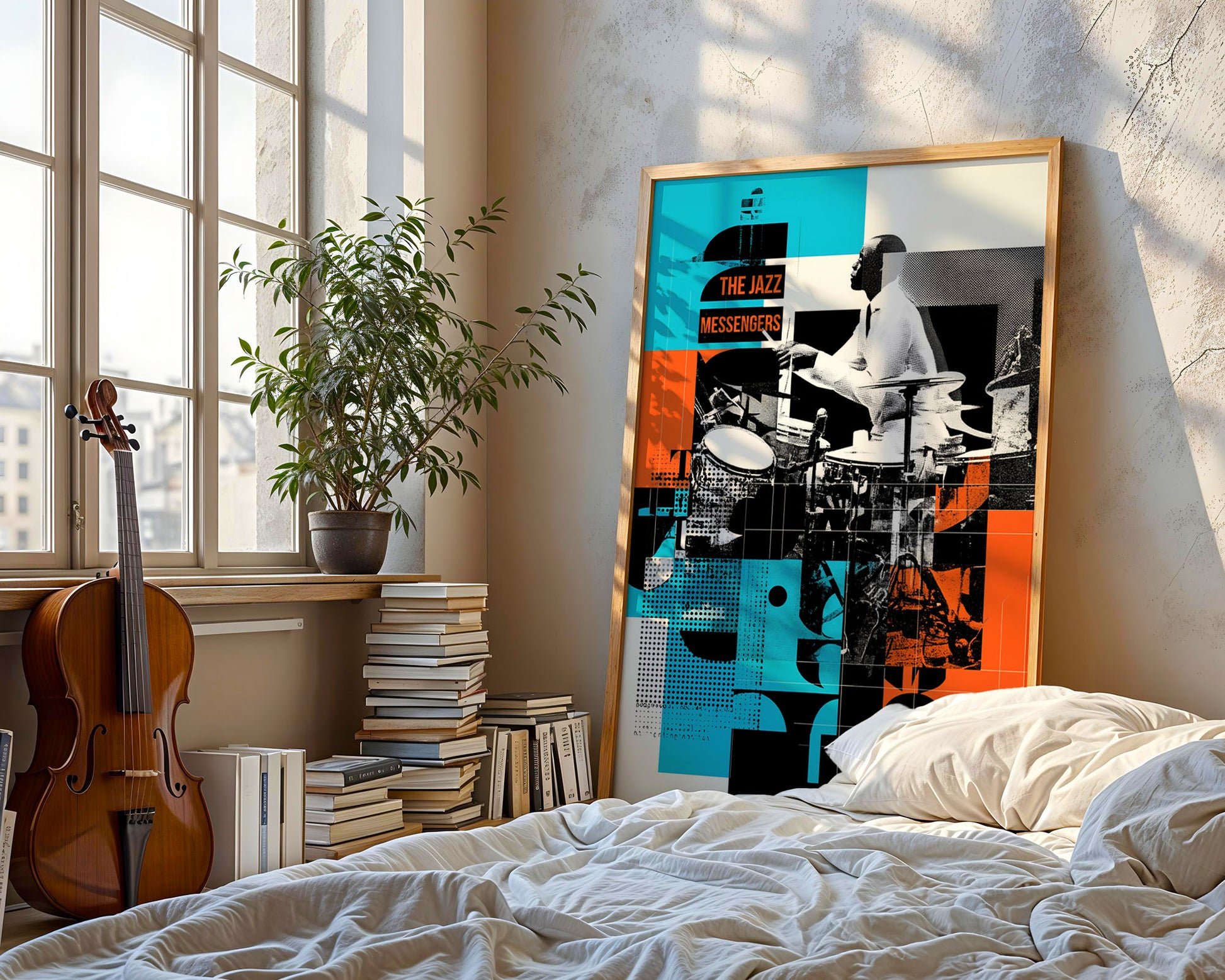 Framed artwork of a jazz musician on a wall above a bed with books and a violin in the room.