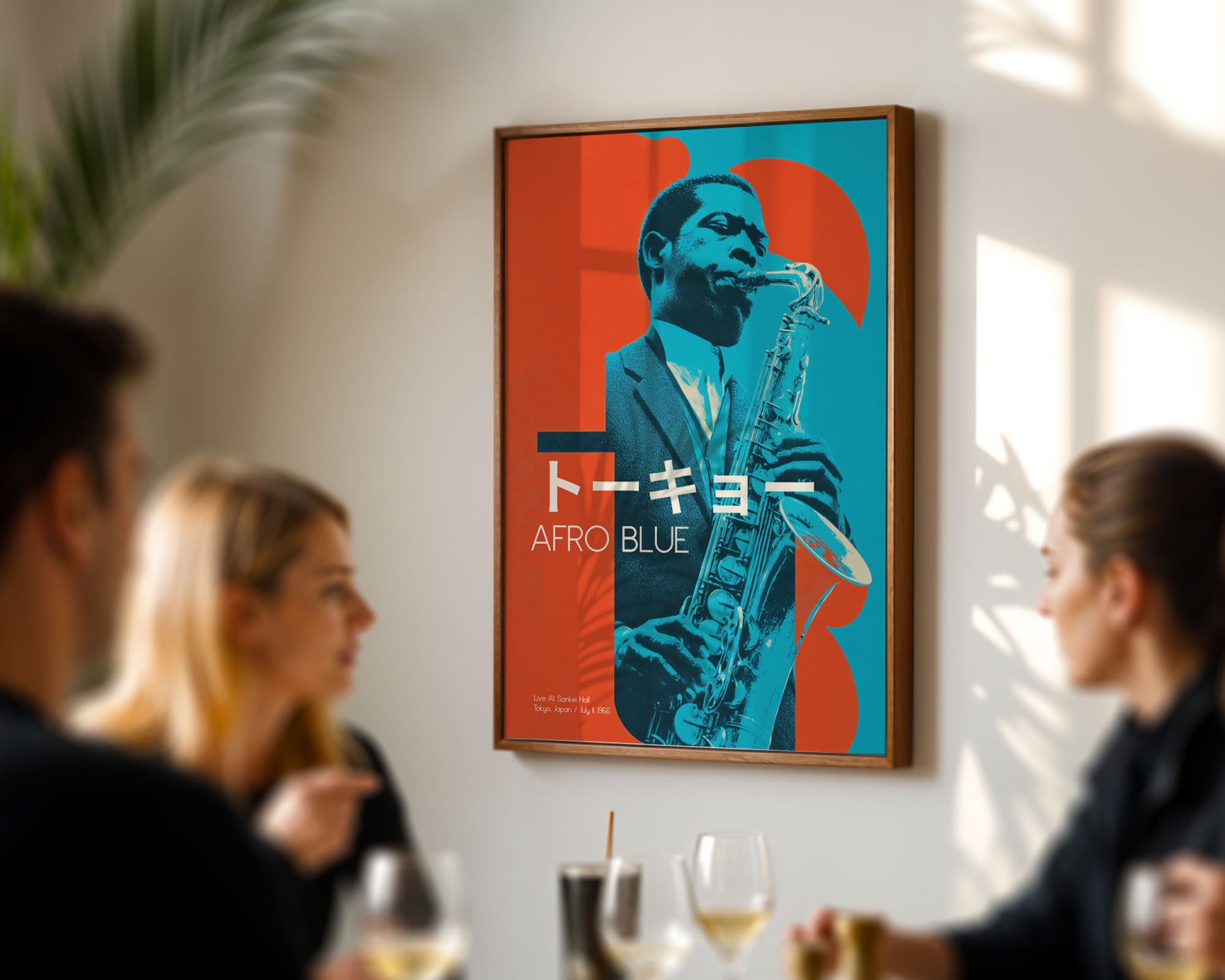 Framed poster of a jazz musician with 'Afro Blue' text in a room with people socializing.