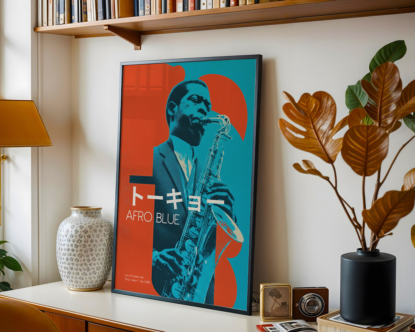 Framed poster of a musician playing a saxophone on a wall with decorative elements.