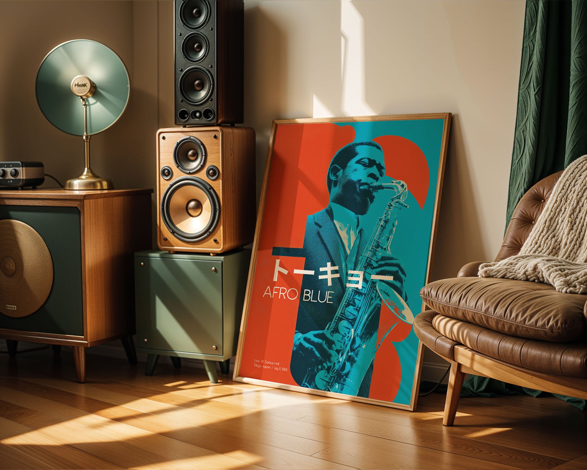 Living room with speakers, a lamp, and a poster of a saxophonist on a wall.