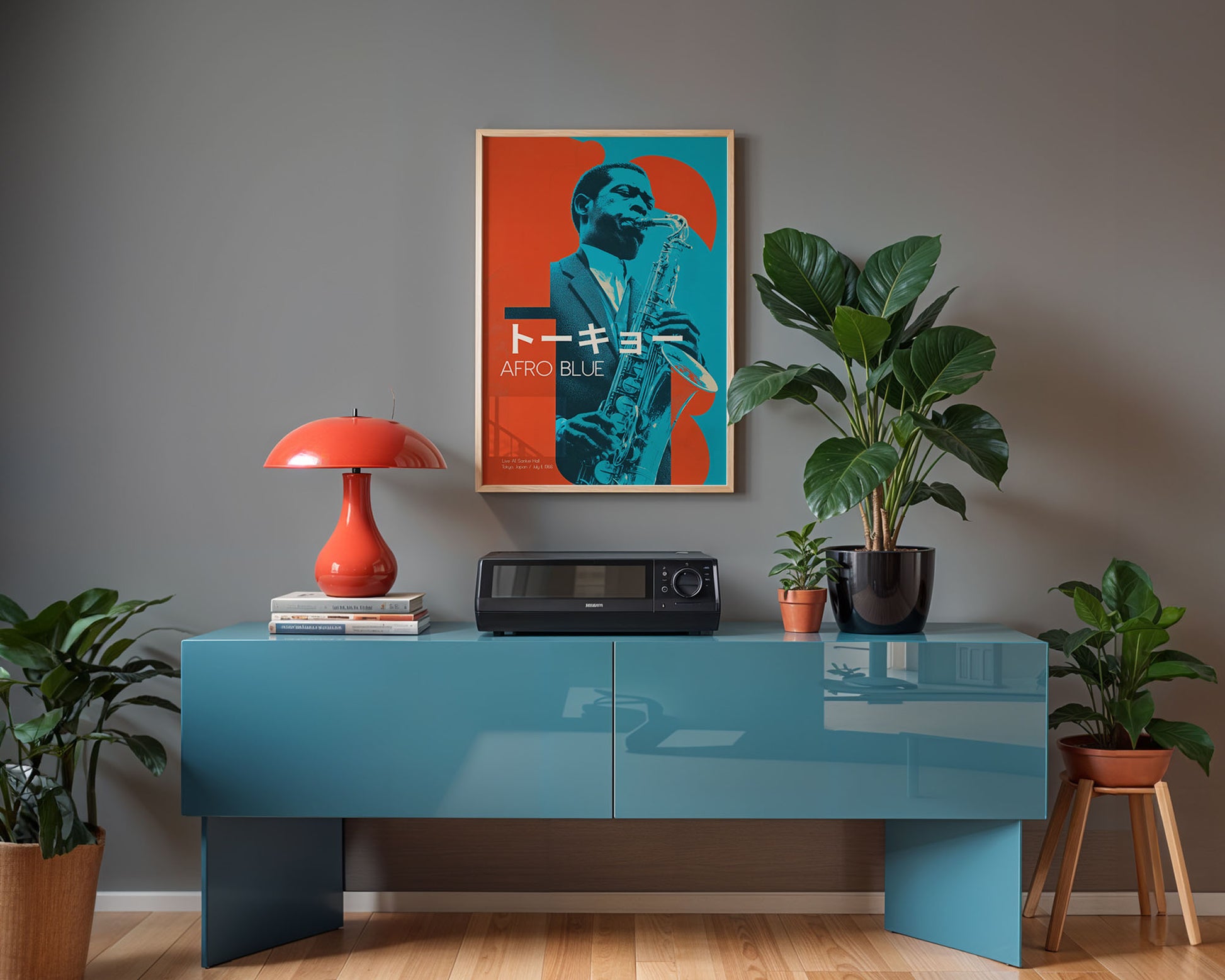 Mid-century modern poster styled in clean Scandinavian inspired living space