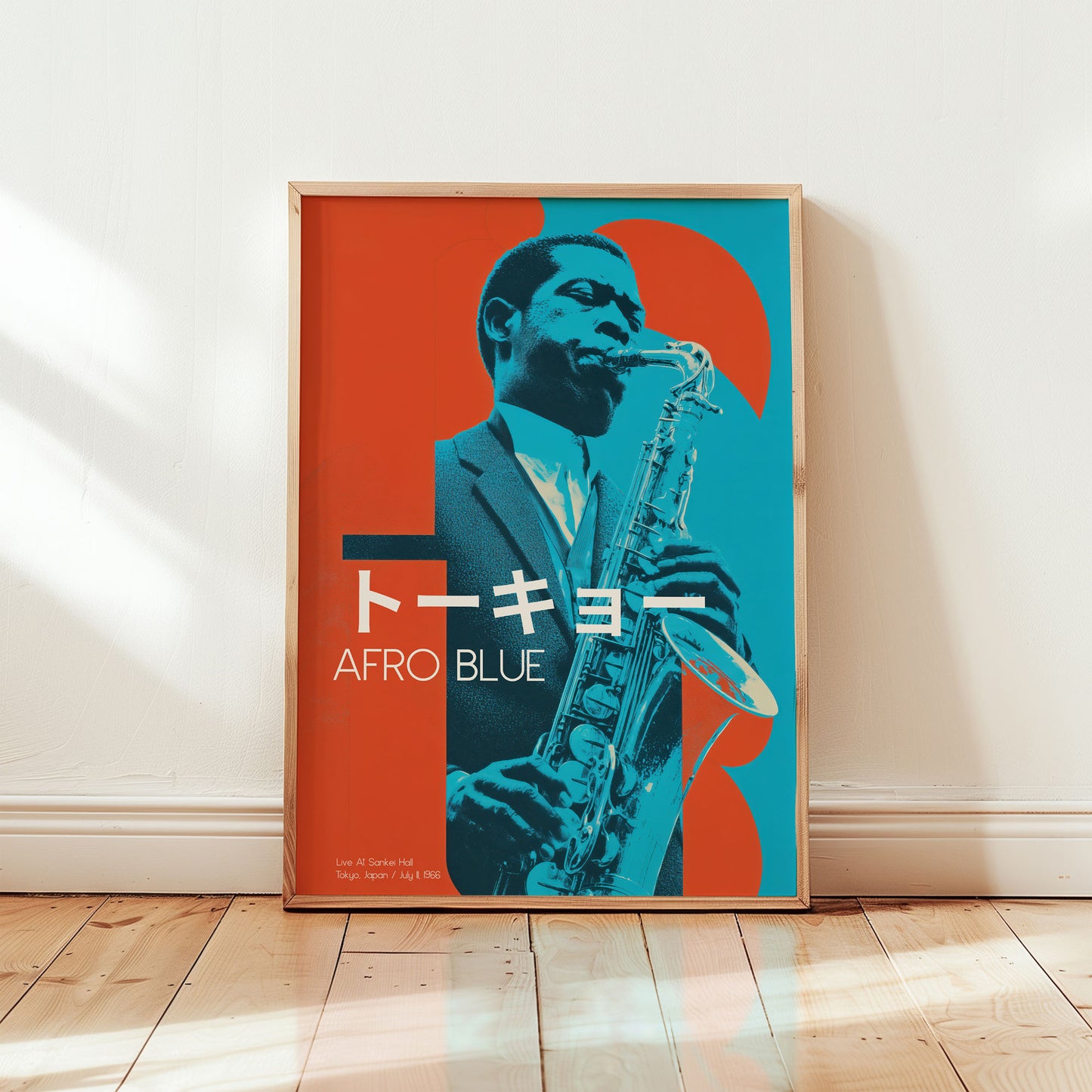John Coltrane Afro Blue Japanese jazz poster Tokyo 1966 featuring teal and red saxophone portrait in mid-century modern style from Wallgarde

