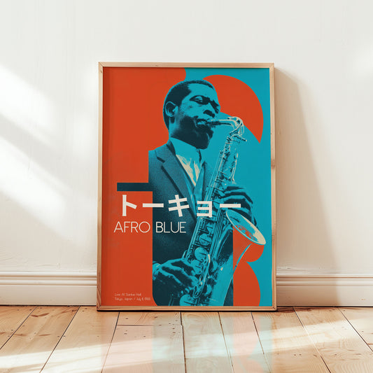 John Coltrane Afro Blue Japanese jazz poster Tokyo 1966 featuring teal and red saxophone portrait in mid-century modern style from Wallgarde

