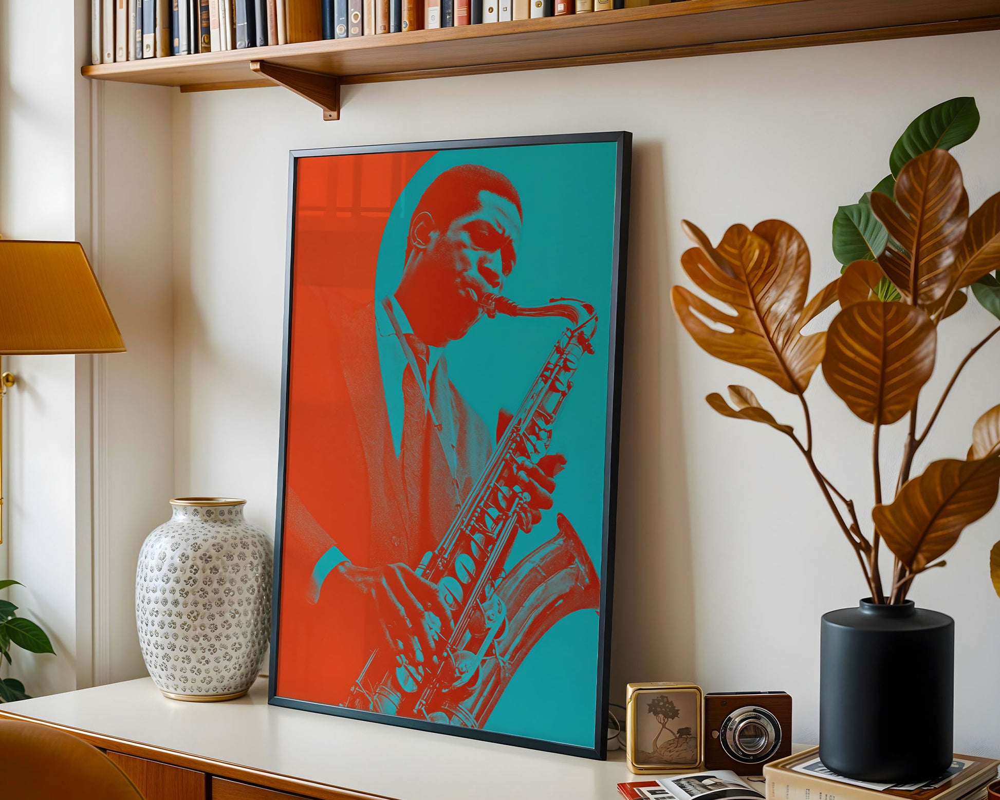 Framed artwork of a saxophonist on a shelf with books, plants, and decor items.