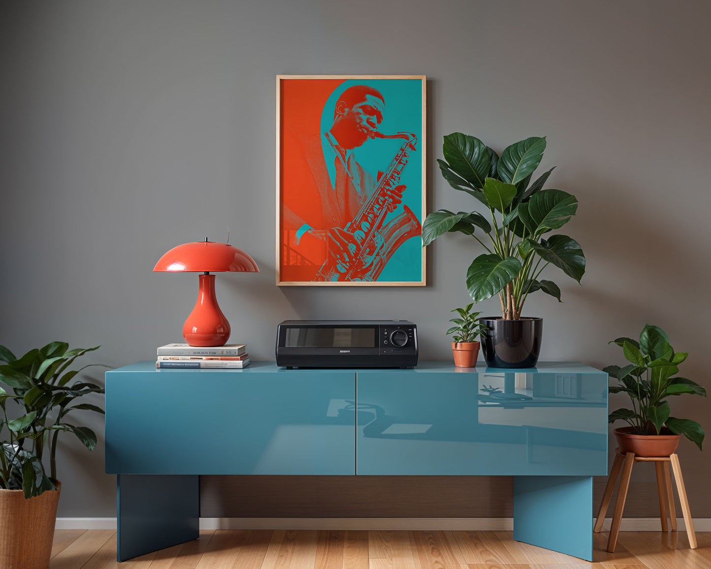 Mid-century modern poster styled in clean Scandinavian inspired living space