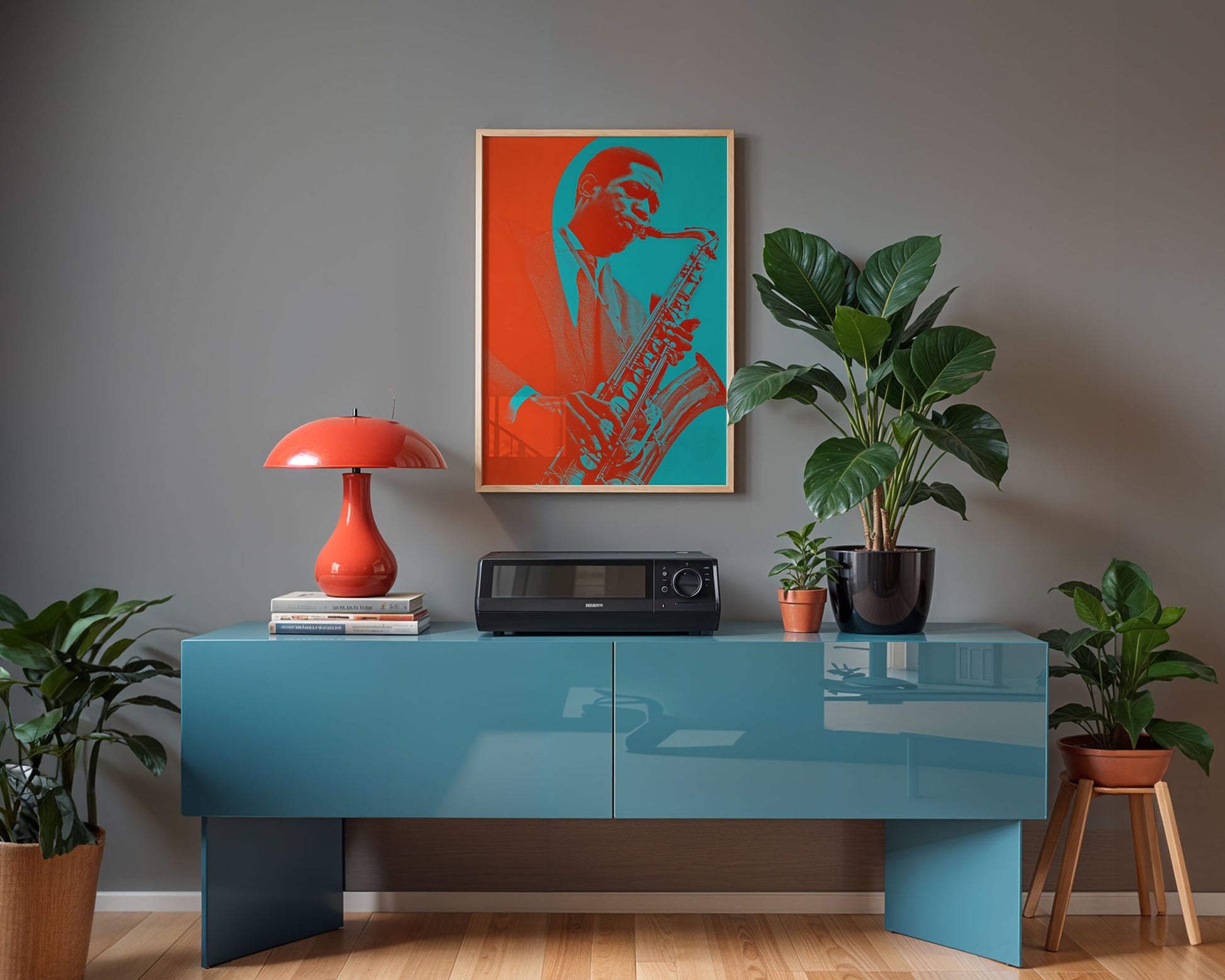 Mid-century modern poster styled in clean Scandinavian inspired living space