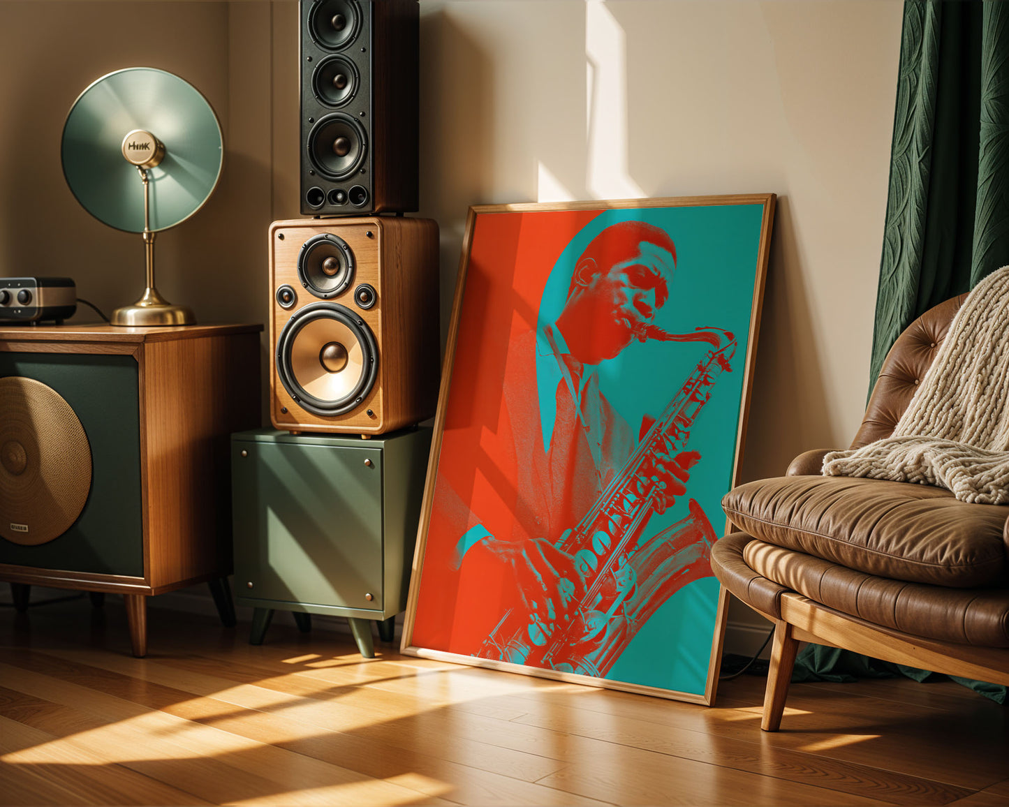 Room interior with speakers, a lamp, and a colorful painting of a saxophonist.
