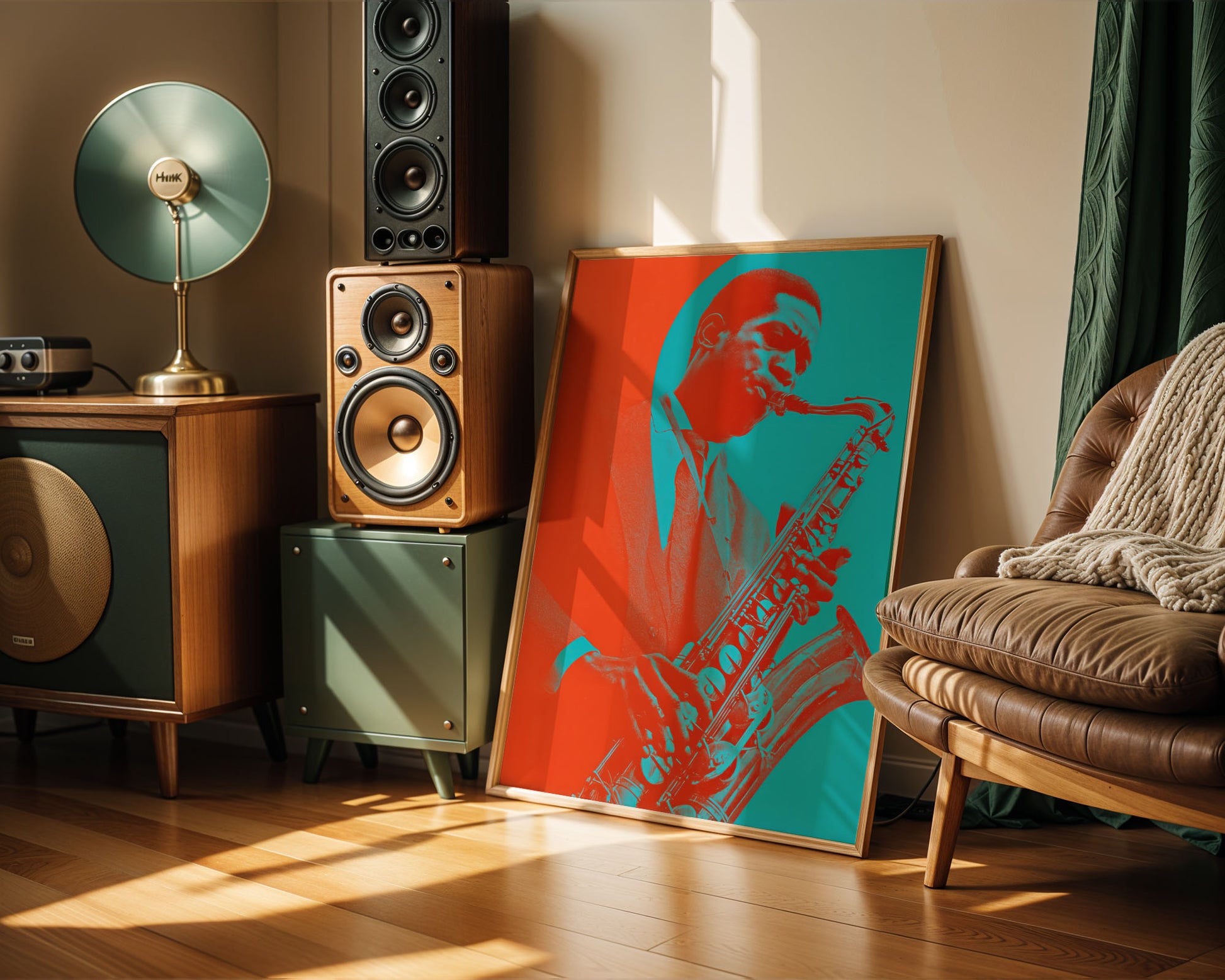 Room interior with speakers, a lamp, and a colorful painting of a saxophonist.