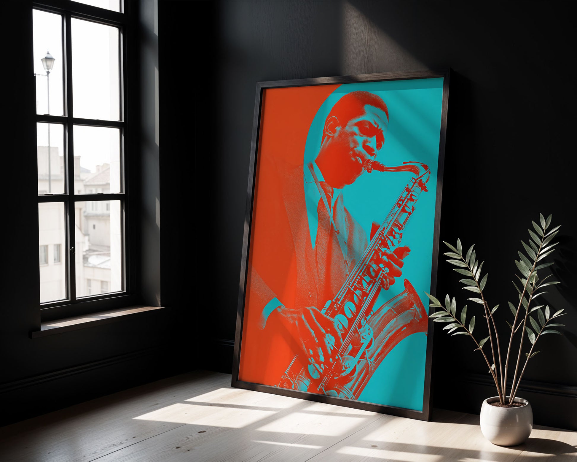 Framed artwork of a saxophonist on a wall next to a window with sunlight streaming in.