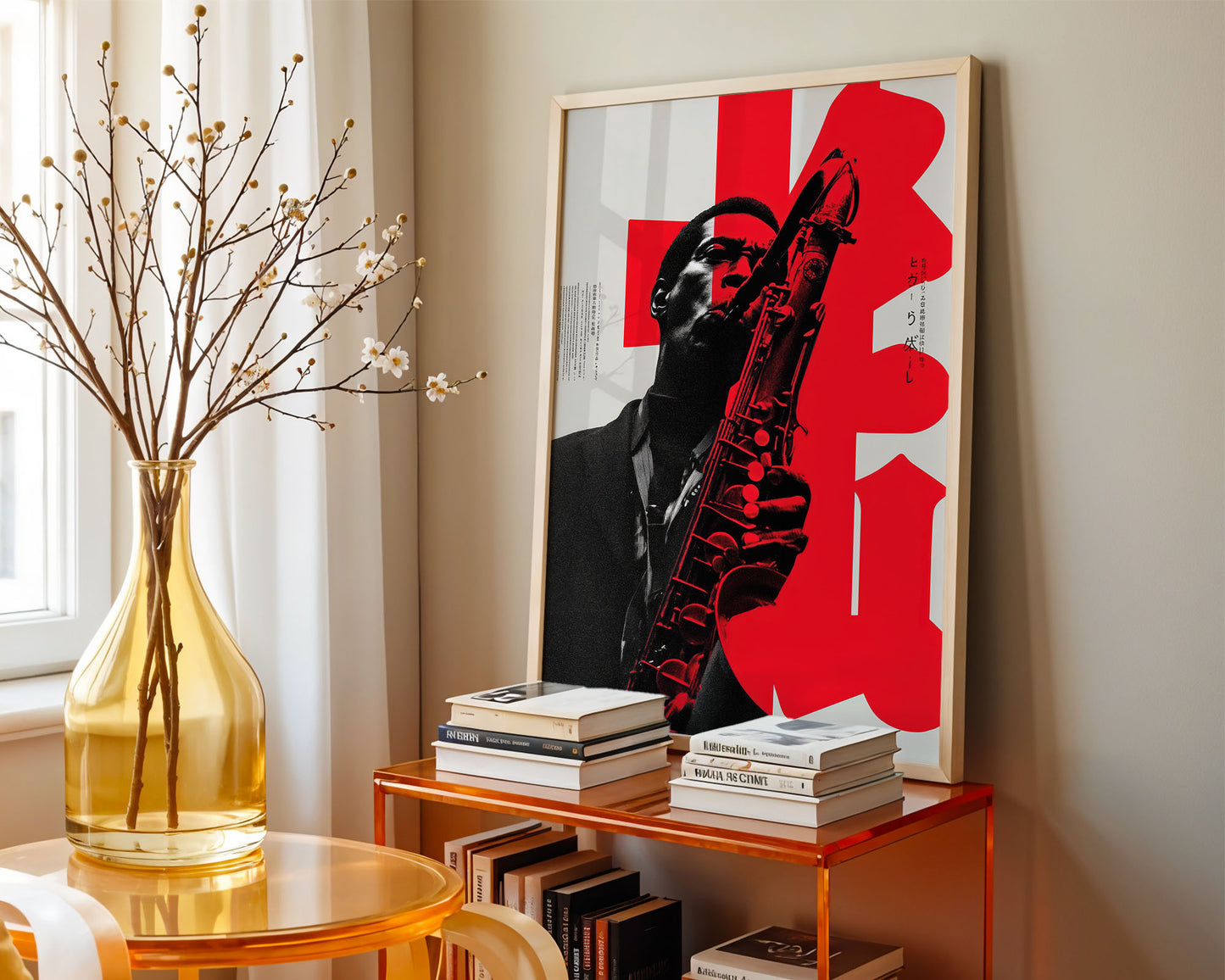 Mid-century modern poster styled in clean Scandinavian inspired living space