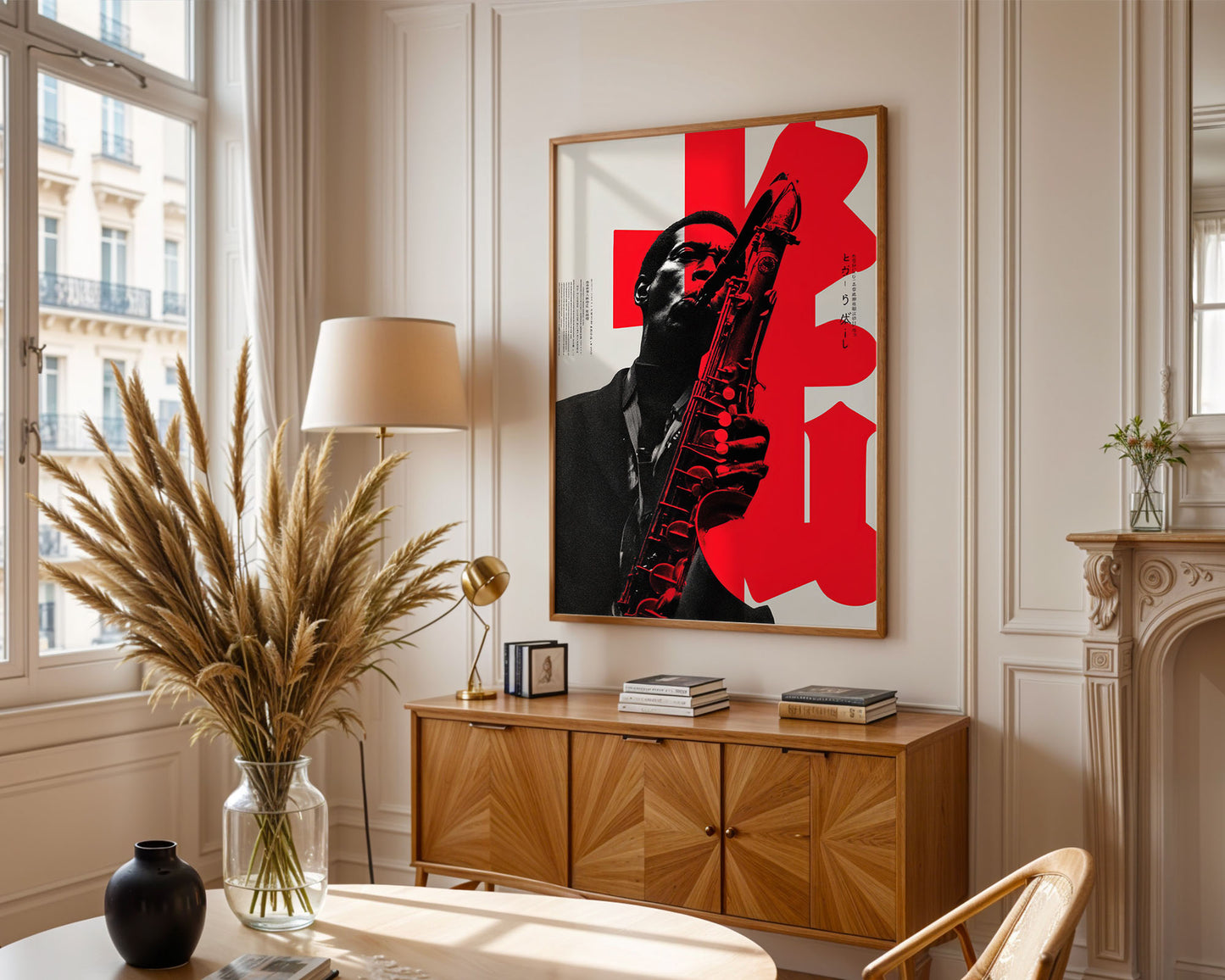 Colourful mid-century style poster adding bold accent to modern home interior