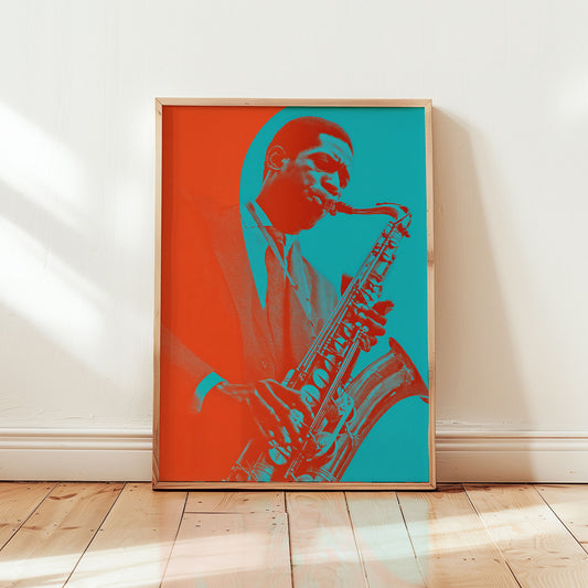 John Coltrane Tokyo 1966 jazz poster featuring red and teal saxophone portrait in mid-century modern style from Wallgarde
