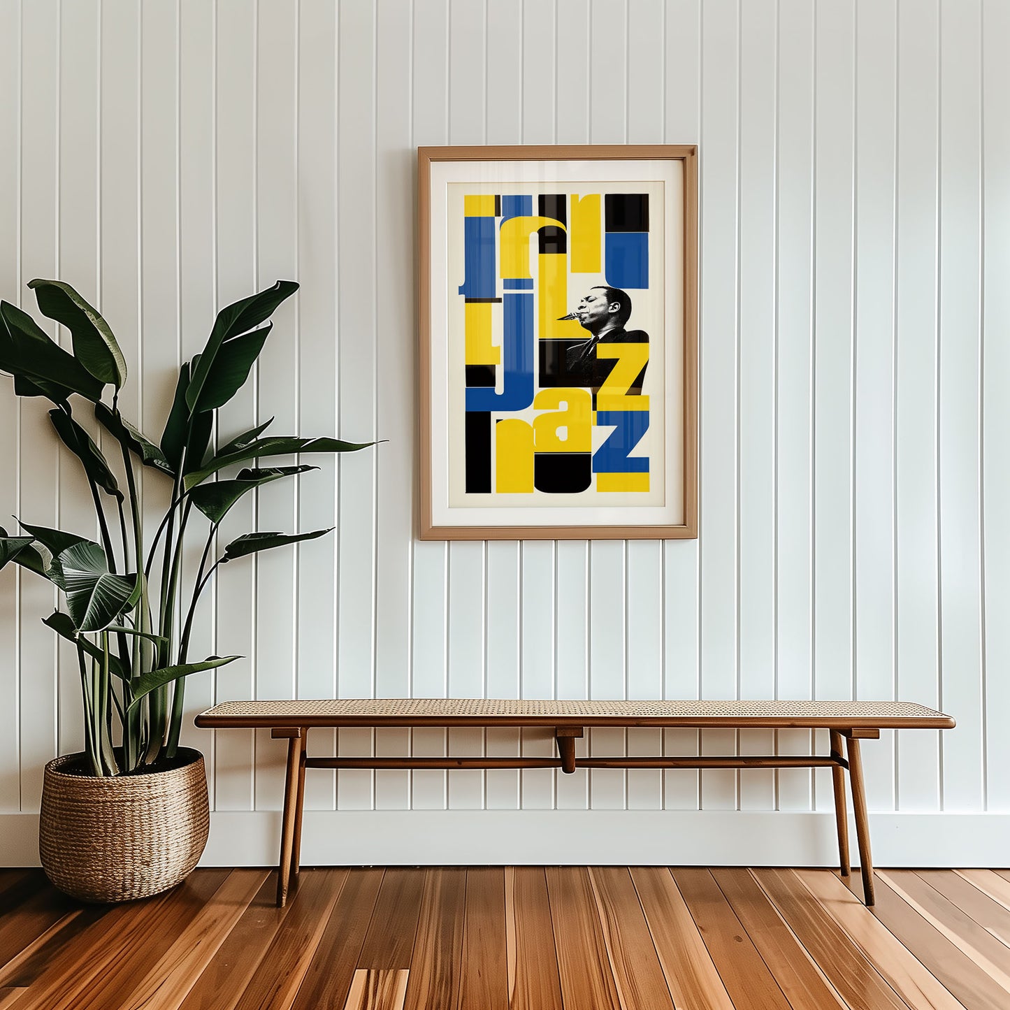 Mid-century modern poster styled in clean Scandinavian inspired living space