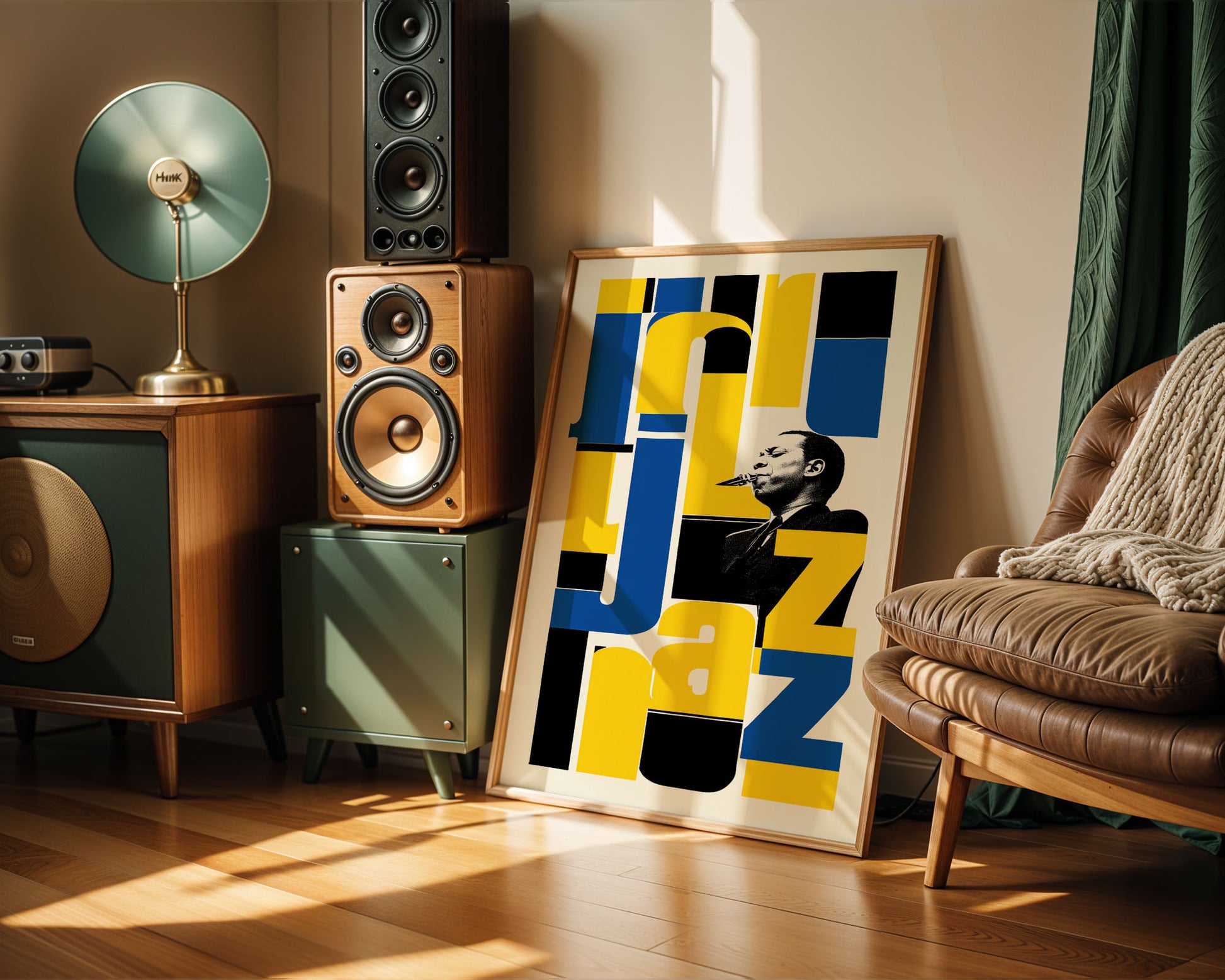 Living room with speakers, a lamp, and a framed jazz-themed picture.