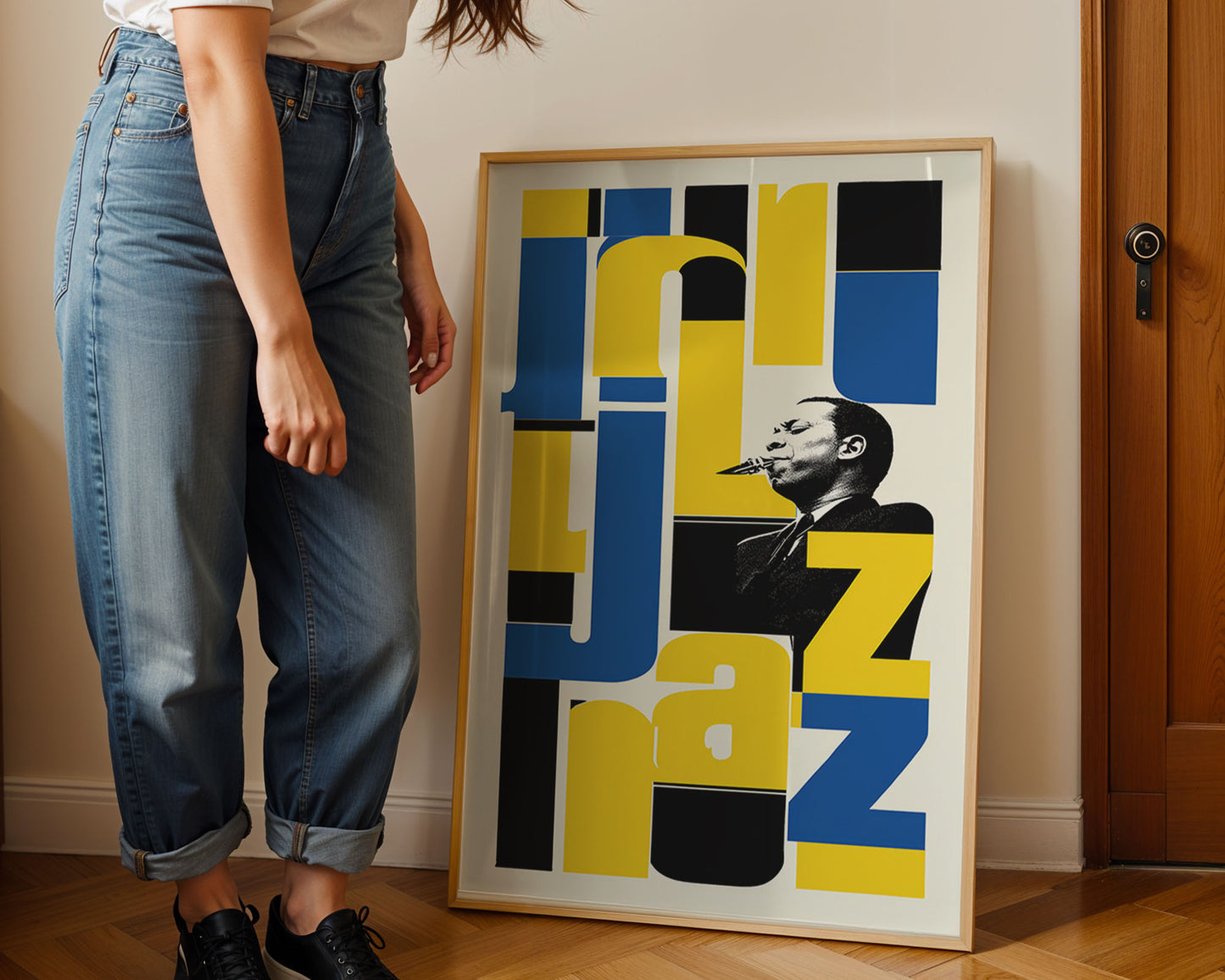 John Coltrane poster with large graphic typography and saxophone portrait in modern mid-century style from Wallgarde
