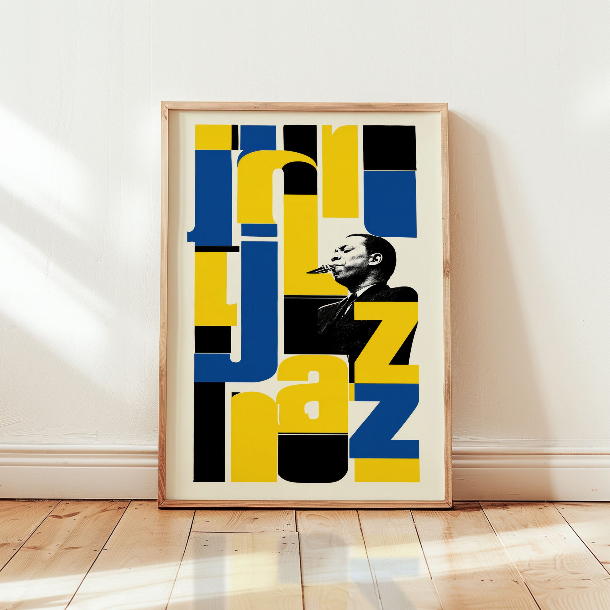 John Coltrane jazz wall art print featuring bold typographic design in blue and yellow modern style from Wallgarde
