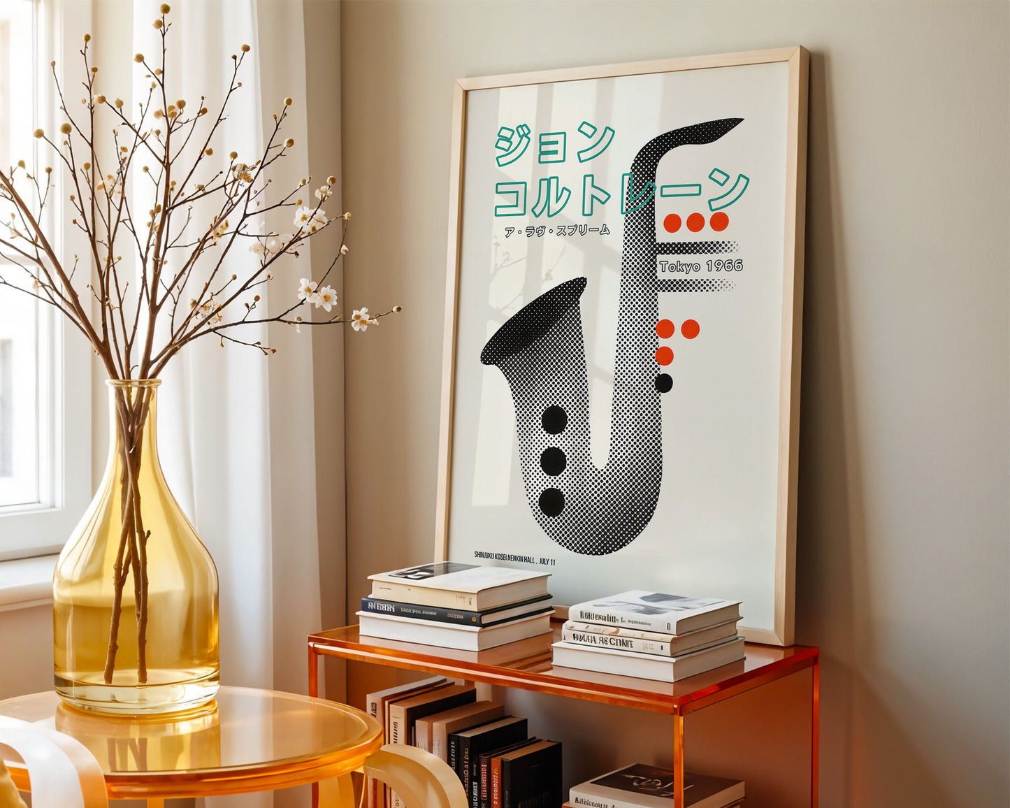 Mid-century modern poster styled in clean Scandinavian inspired living space