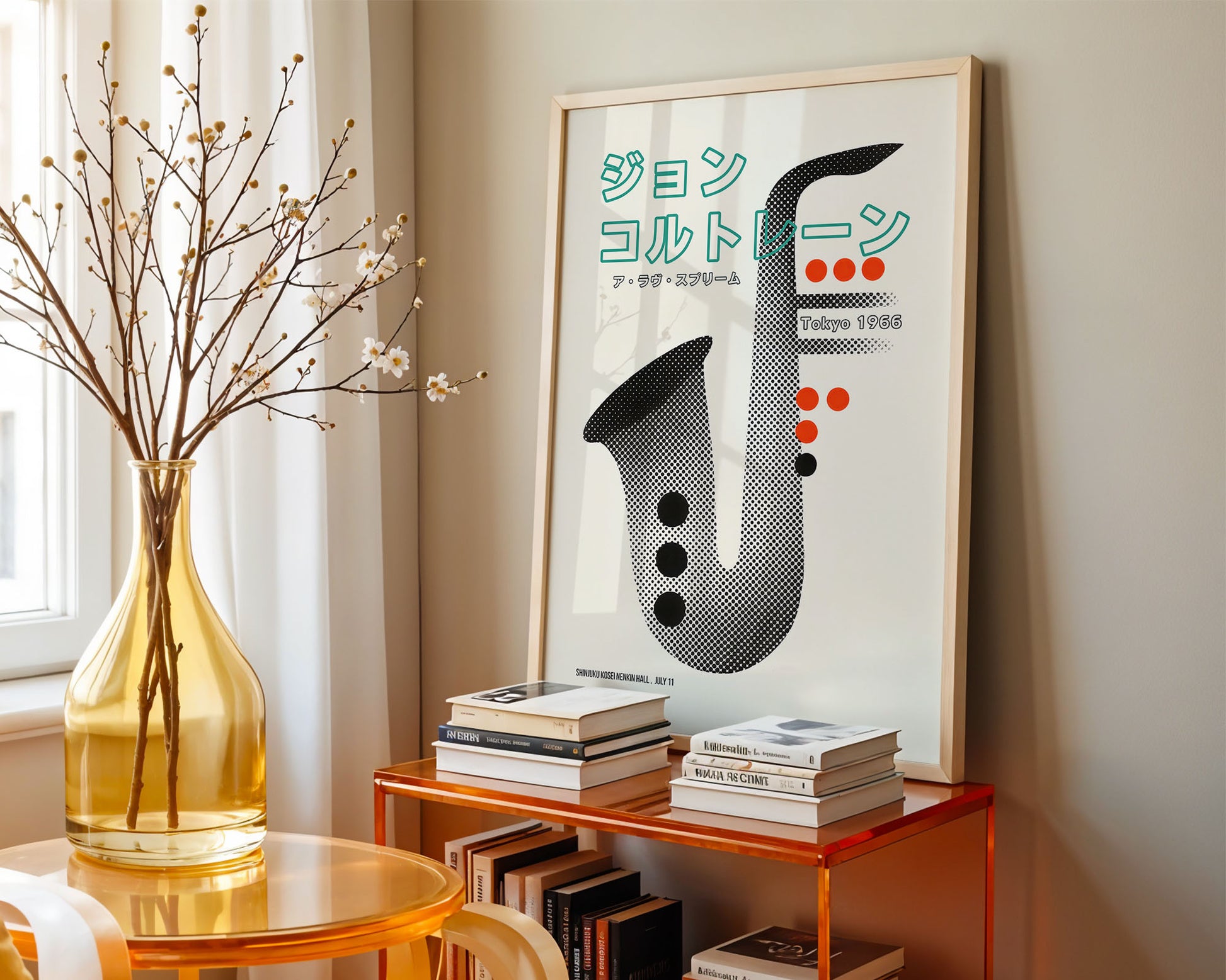 Mid-century modern poster styled in clean Scandinavian inspired living space