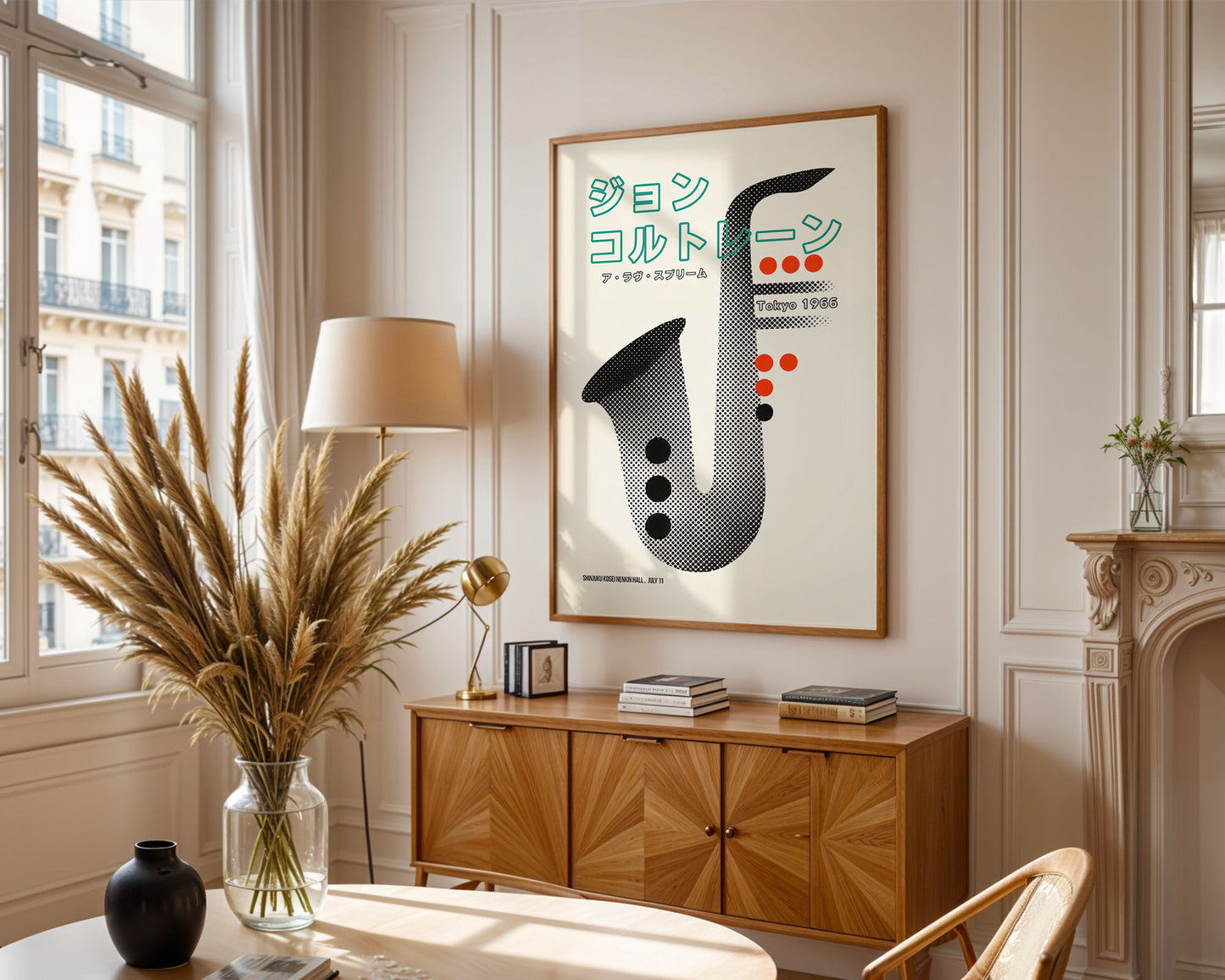 Colourful mid-century style poster adding bold accent to modern home interior