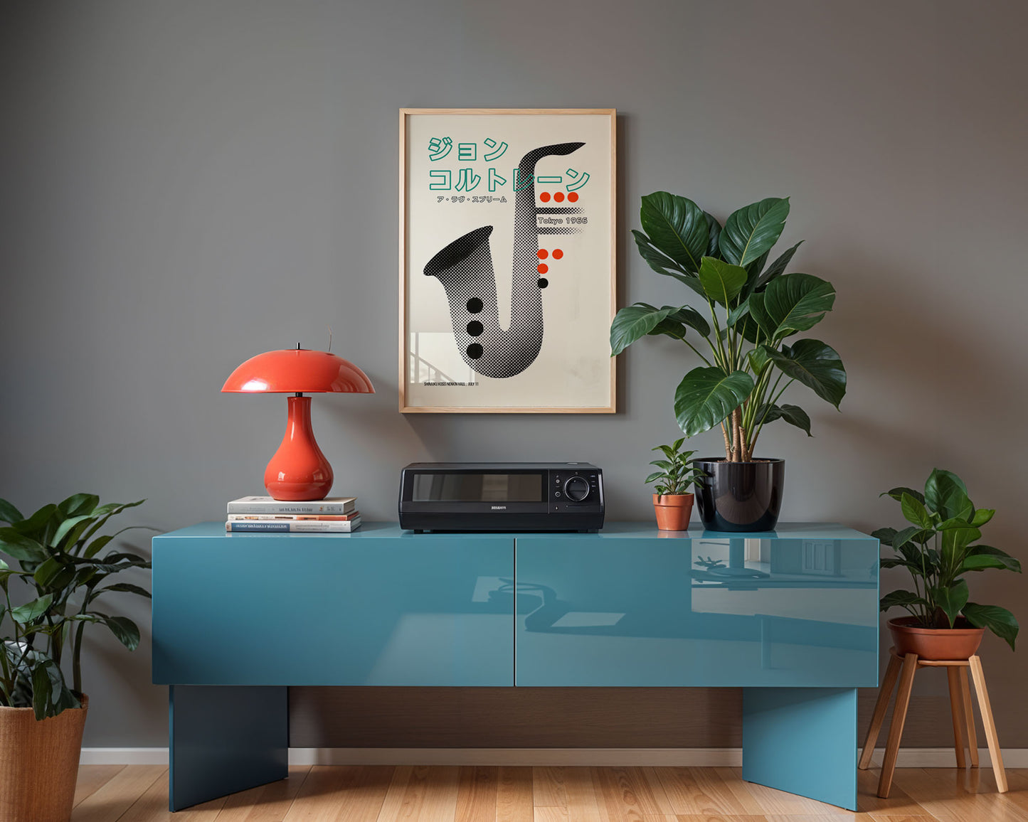Mid-century modern wall art print featured in neutral interior design space