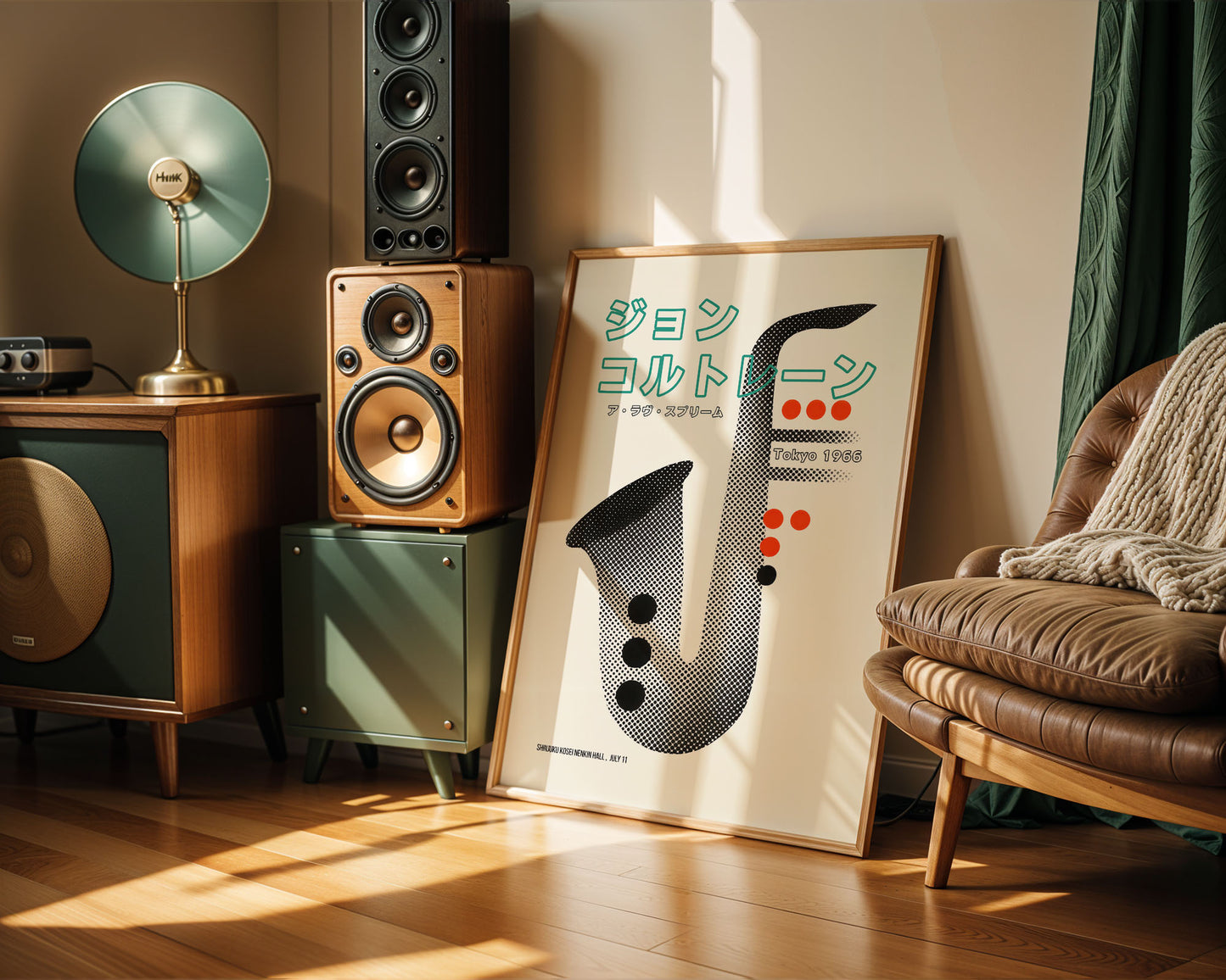 Room interior with speakers, a lamp, and a saxophone poster on a wall.