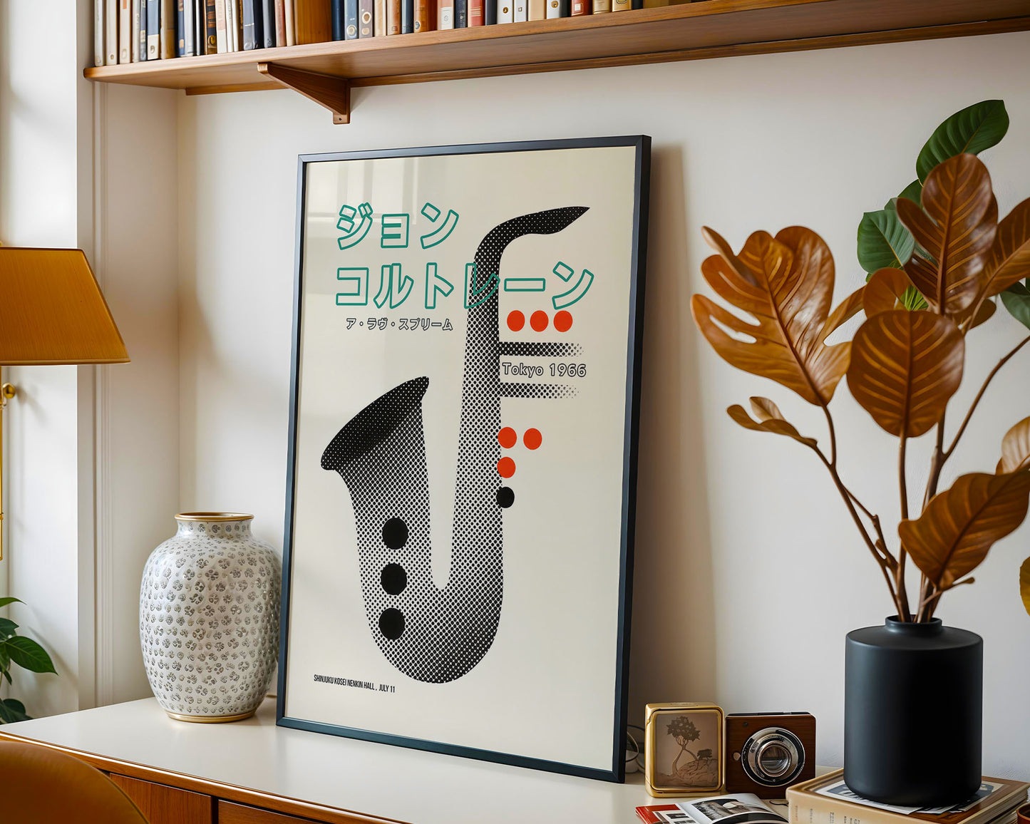 Mid-century inspired art poster styled above sofa in modern home decor setting