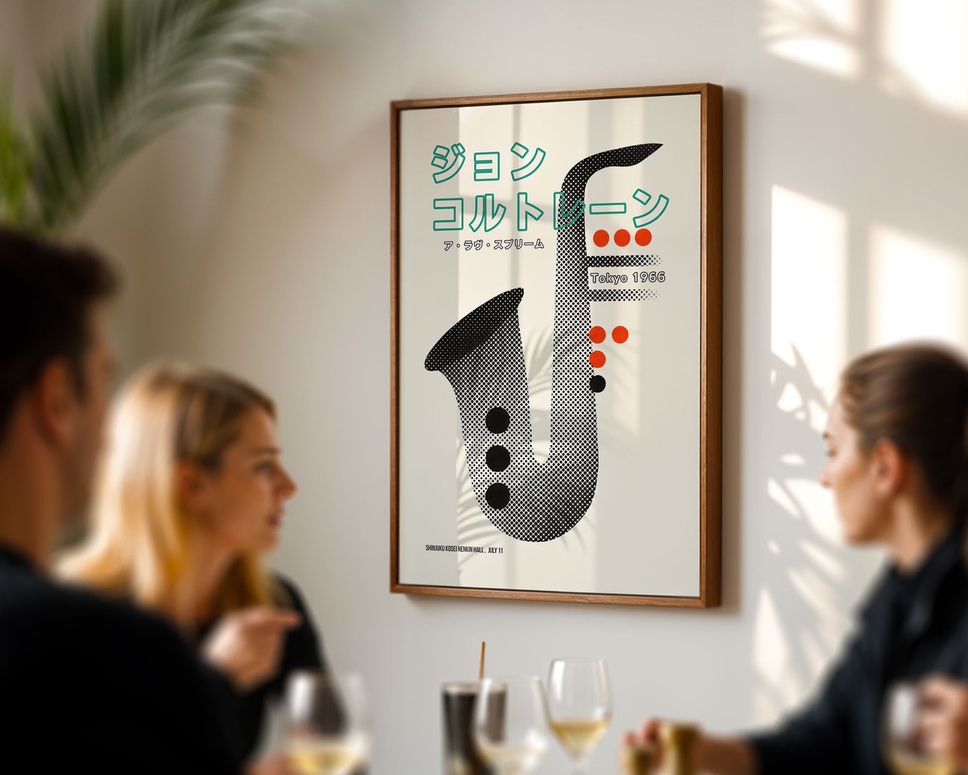 Framed poster of a saxophone design on a wall with people in the foreground.