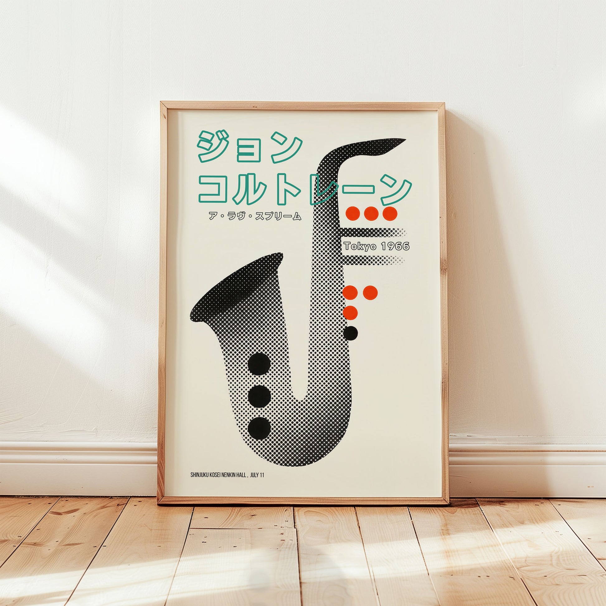 John Coltrane Tokyo 1966 Japanese jazz poster featuring graphic saxophone design in mid-century modern style from Wallgarde
