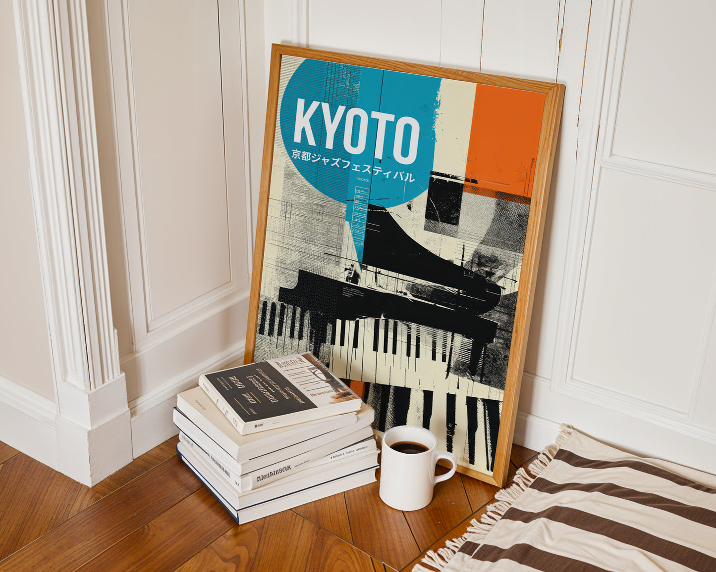 Jazz Poster with 'KYOTO' text and piano design on a wooden floor with books and a mug.