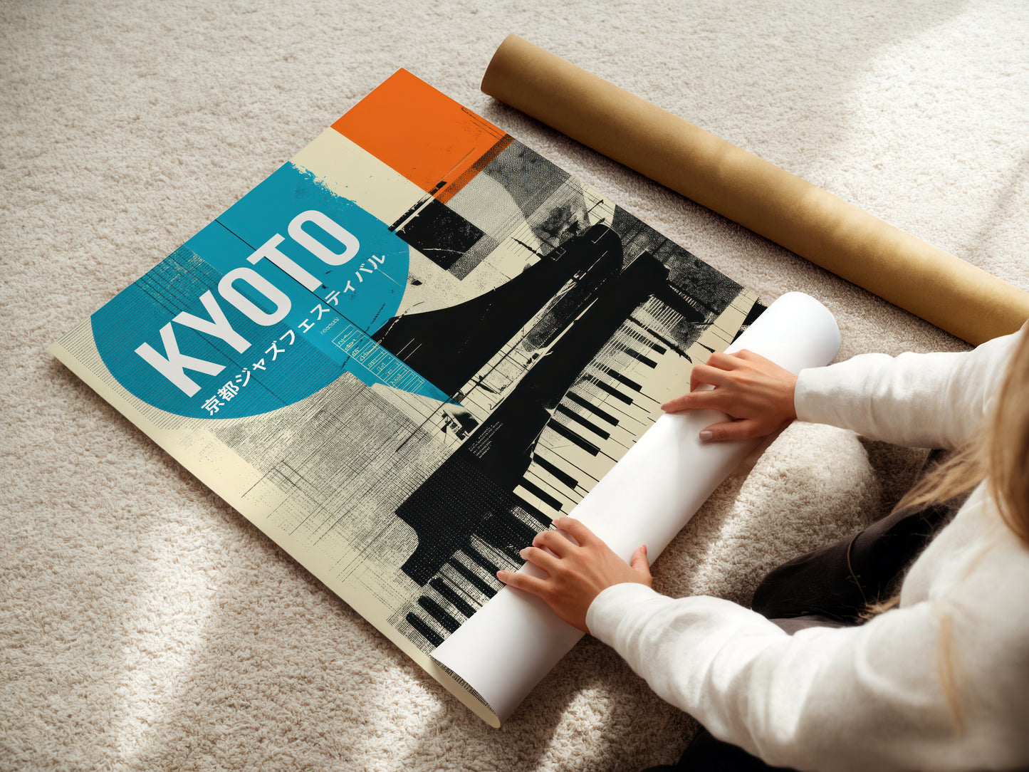 Person unrolling a poster of a piano with 'Kyoto' text on a carpeted floor.