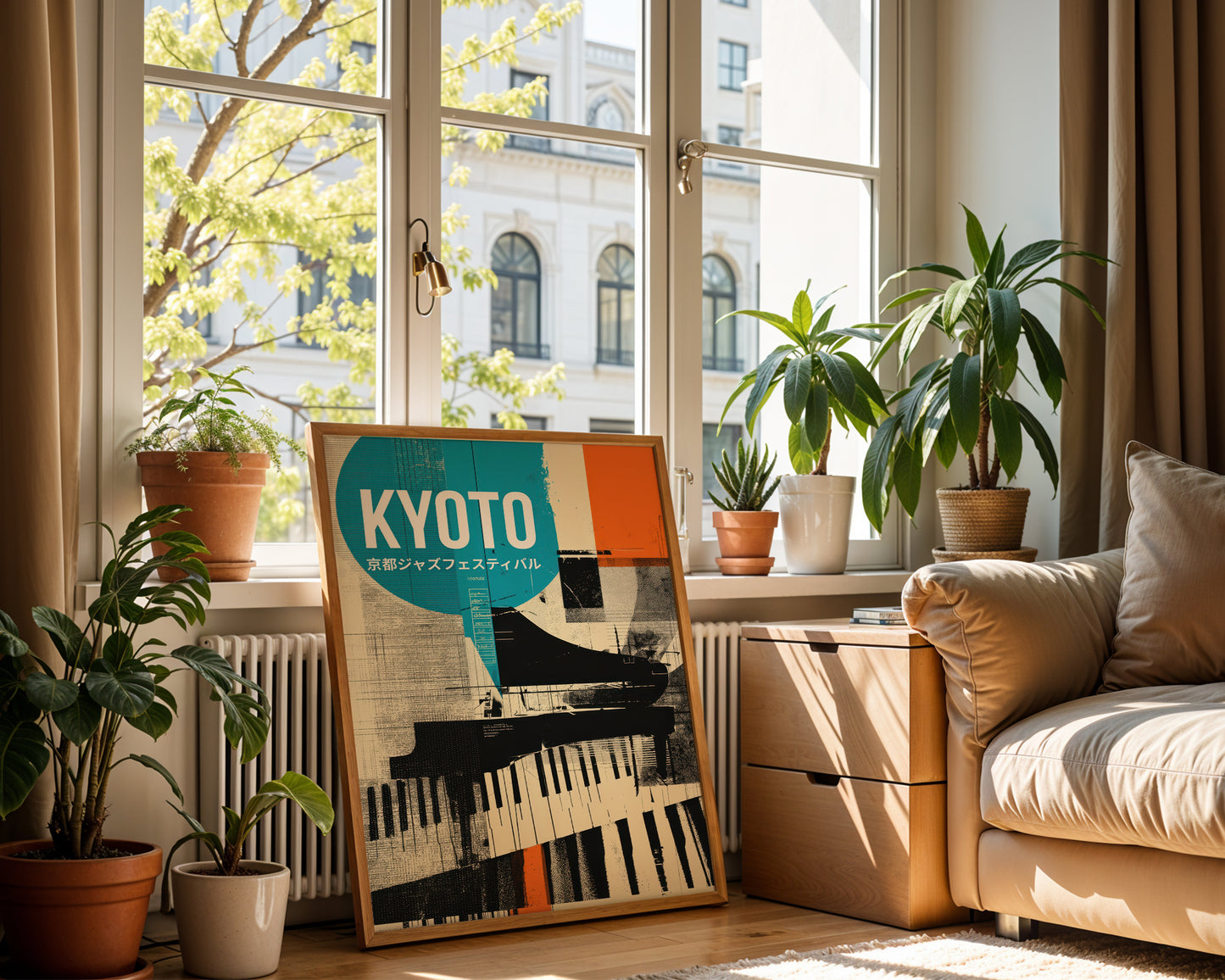 Parisian Living room with a large window, plants, and a framed Jazz poster of Kyoto.