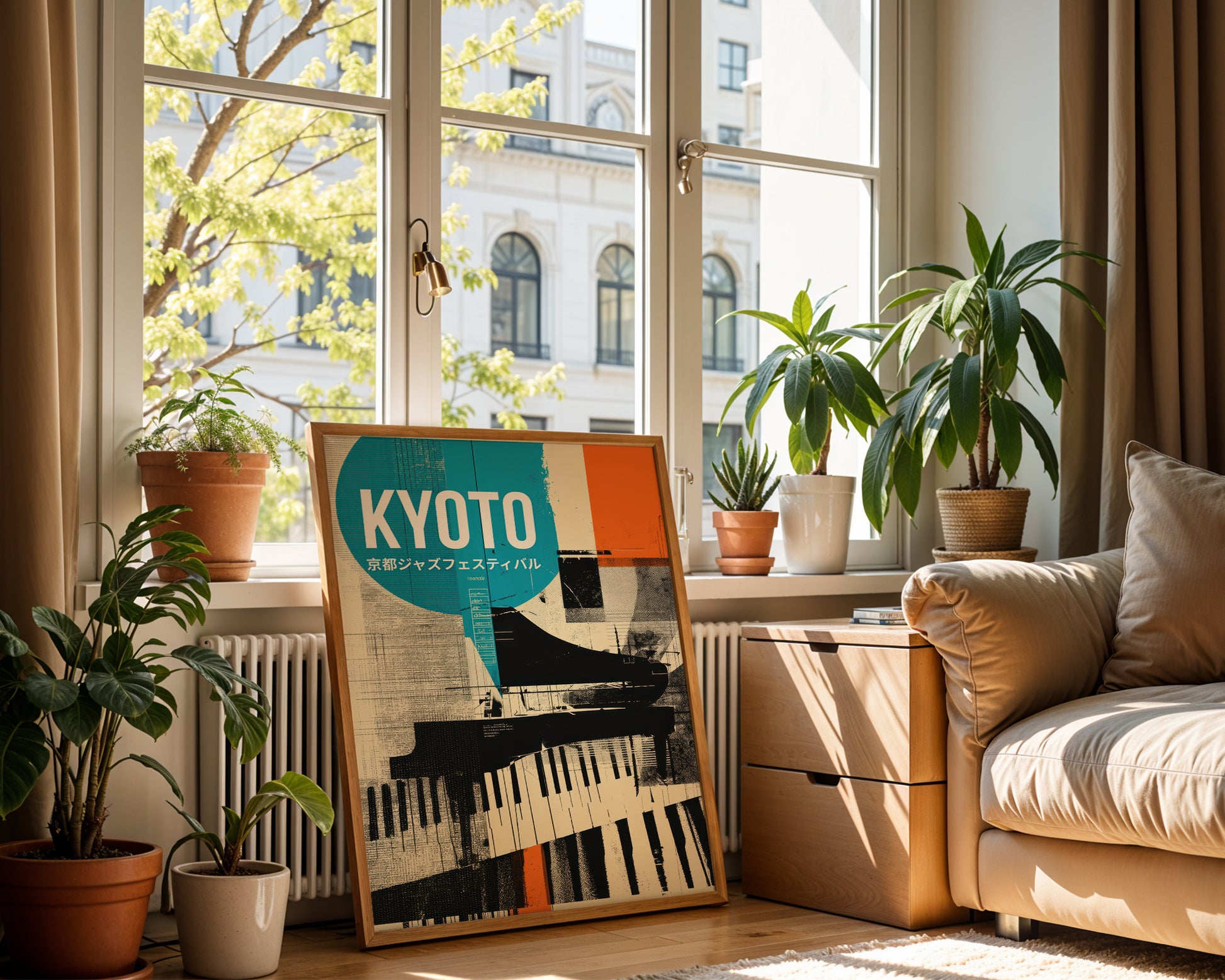 Parisian Living room with a large window, plants, and a framed Jazz poster of Kyoto.