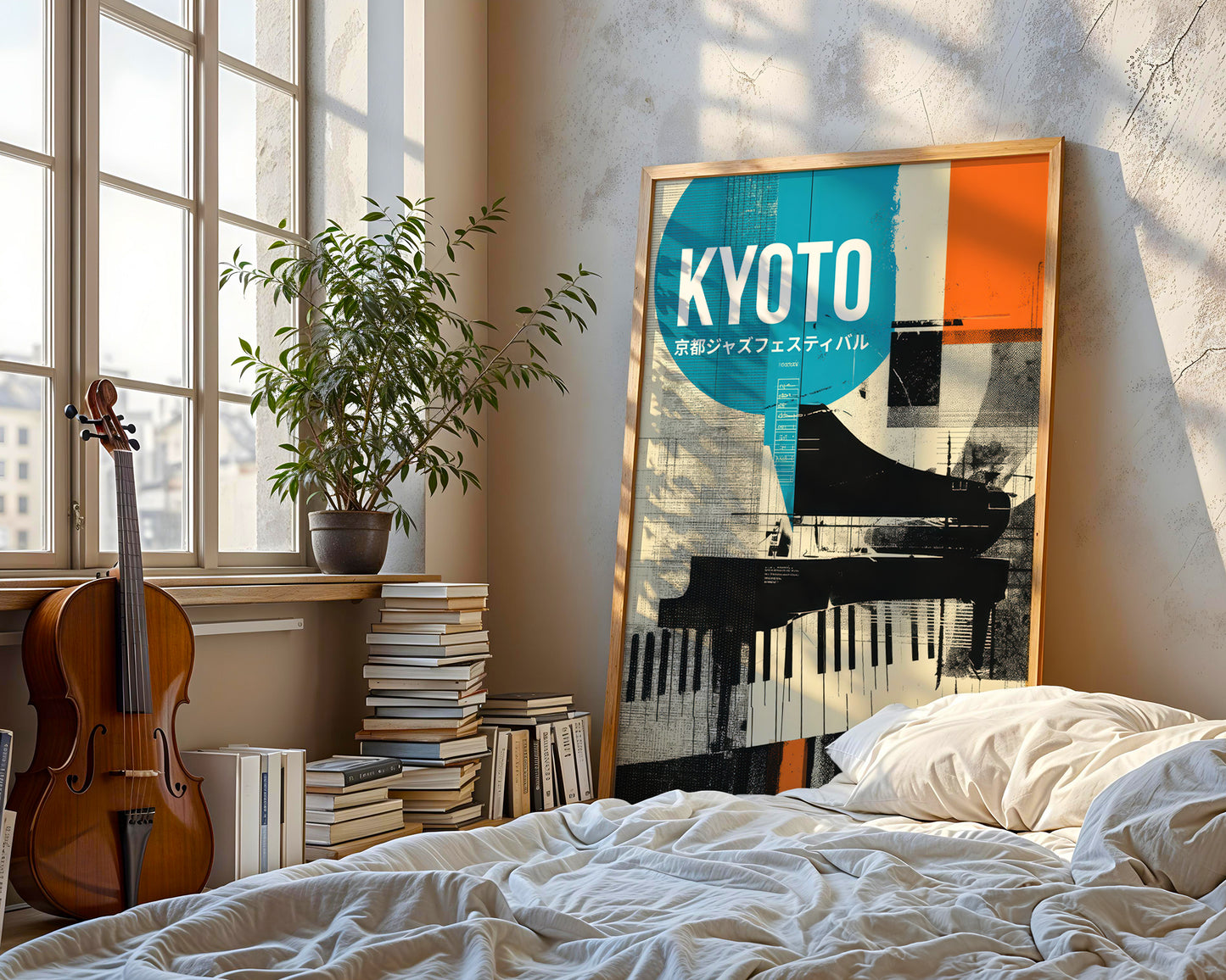 organic luxe Room interior with a 'Kyoto' poster on the wall, books, and a violin.
