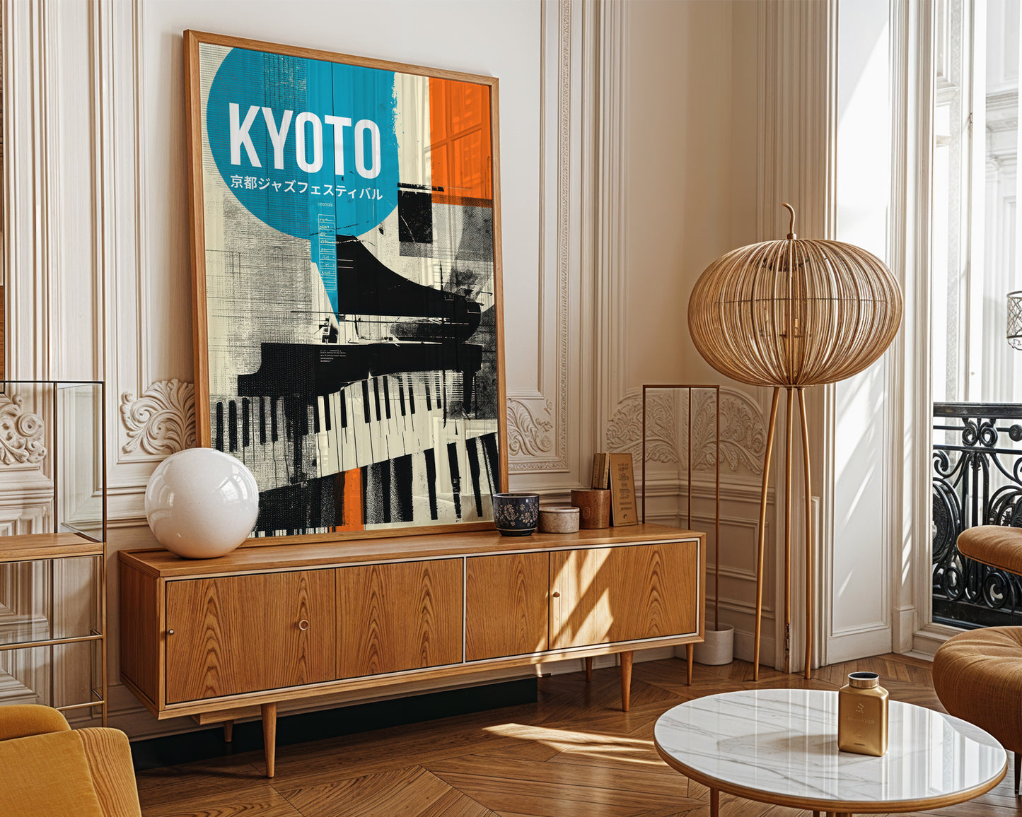 Modern living room with wooden cabinet, abstract art, and decorative lamp.