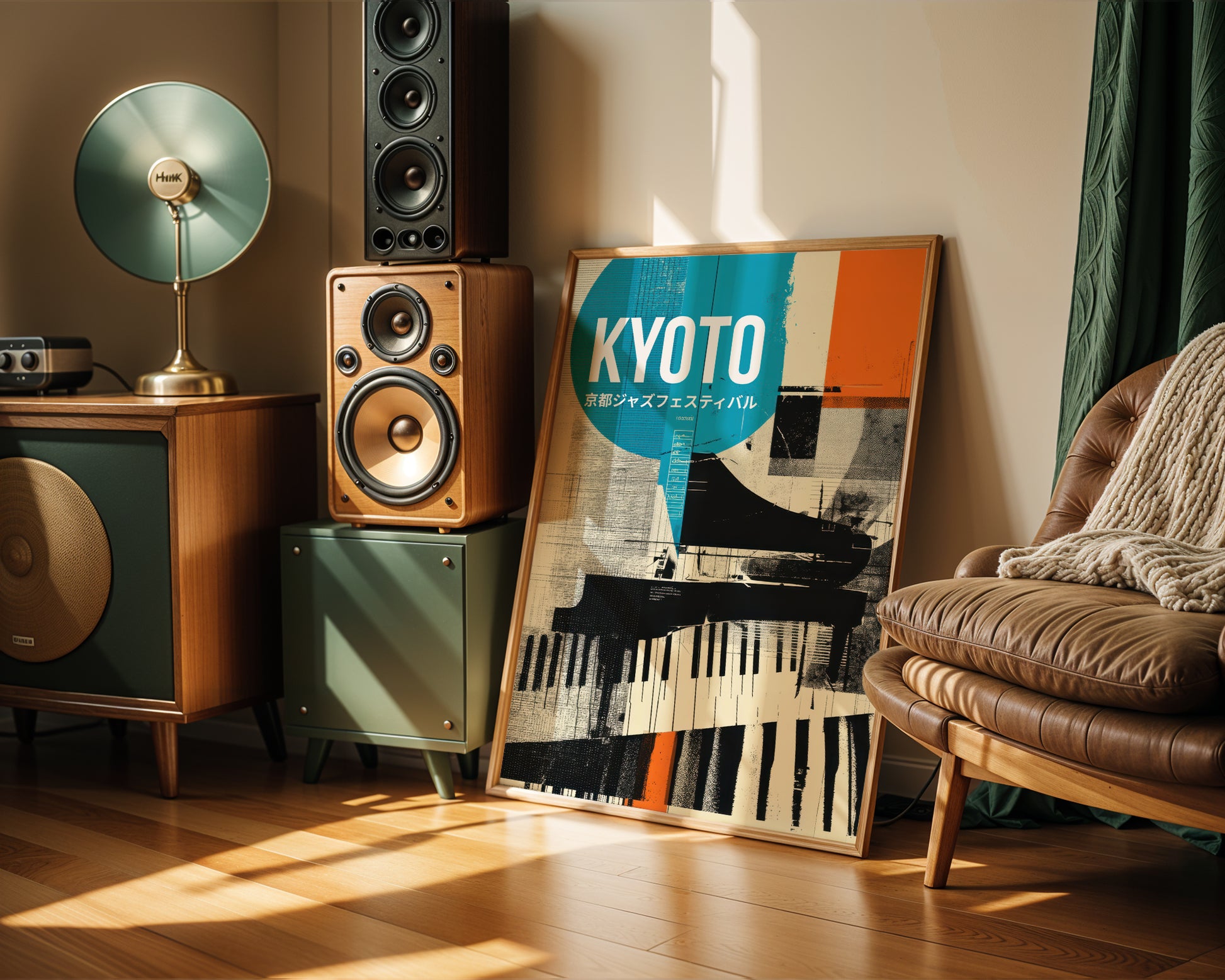 Jazz Room eclectic home decor interior with speakers, a lamp, and a poster on a wall.
