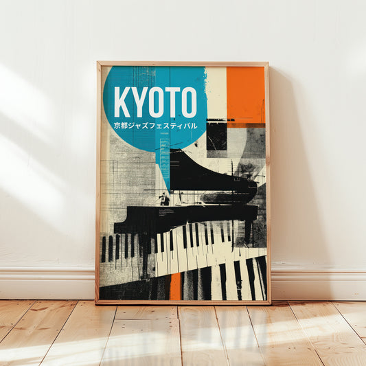 dopamine decor style ,  Kyoto jazz poster with Japanese typography. Maximalist wall art.