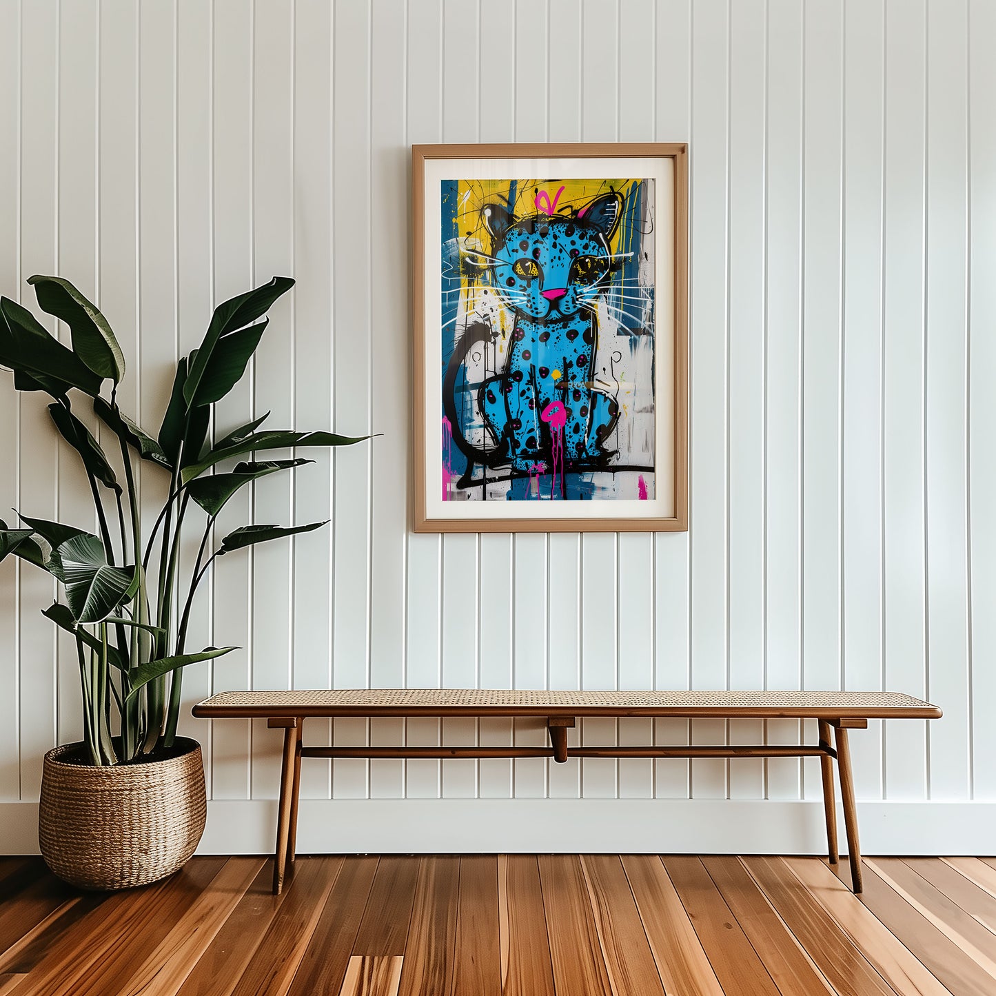 music room wall art colourful cat painting on a wall above a wooden bench with a plant beside it.