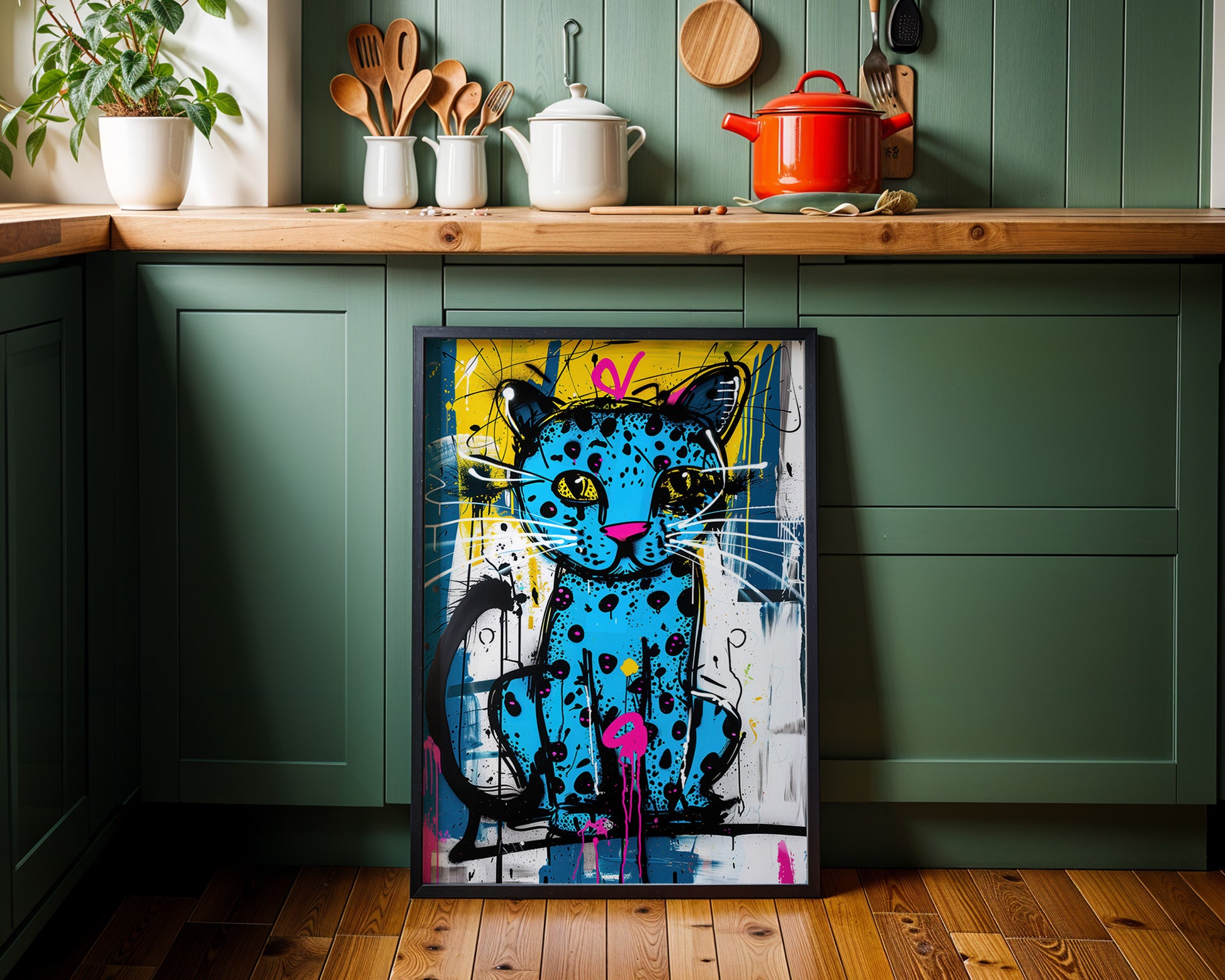 Colorful Leopard cat painting on a kitchen wall with green cabinets and wooden countertop.