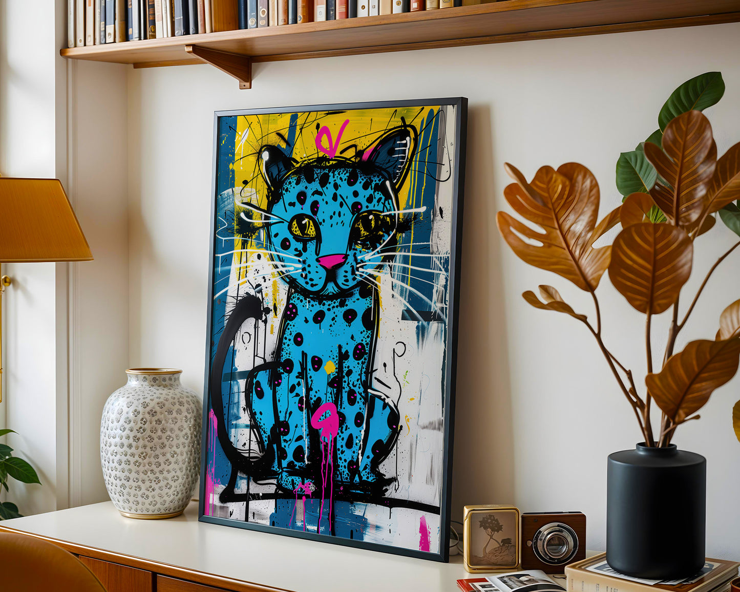 Cool abstract cat painting on a living room wall with decorative elements like a lamp, vase, and plant.