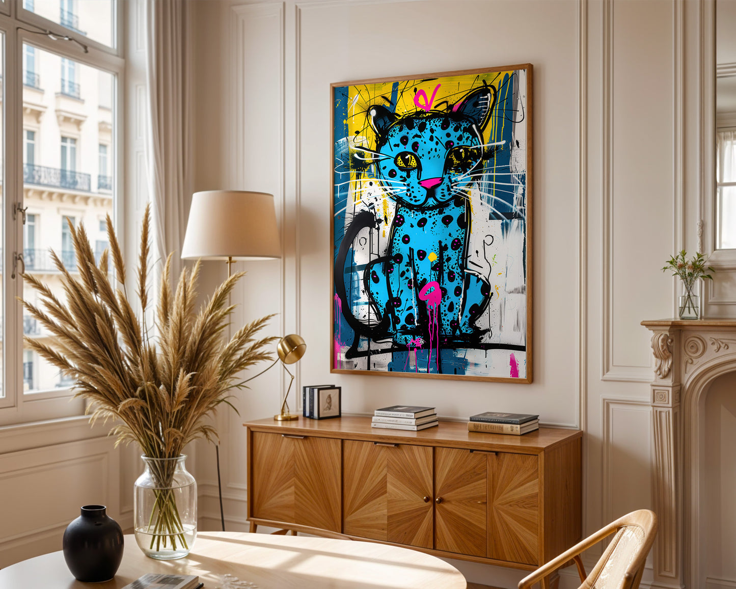 neo-expressionist living room with a colorful cat painting on the wall, wooden cabinet, and decorative items.