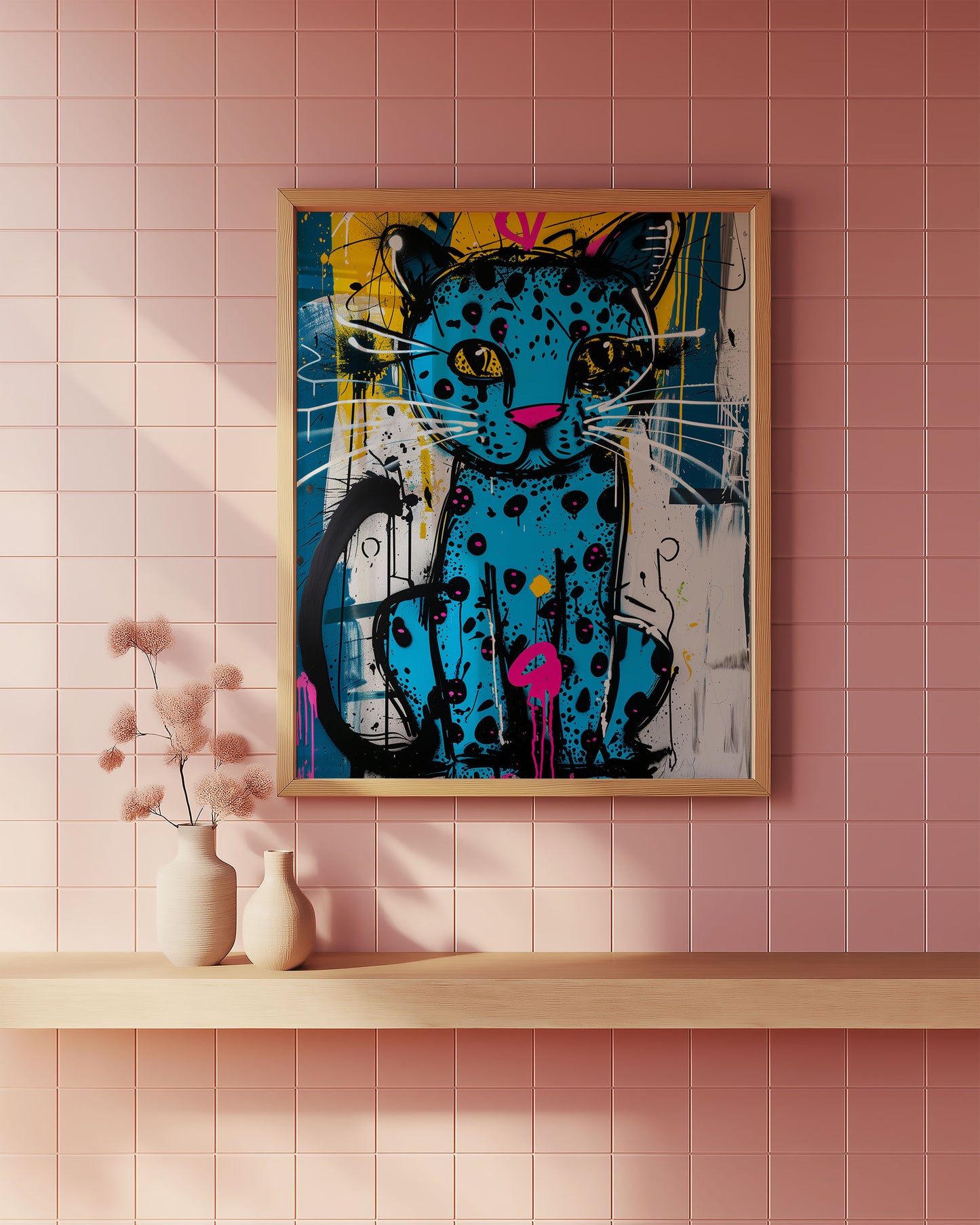  abstract cat painting on a pink tiled bathroom wall with a shelf and vase.