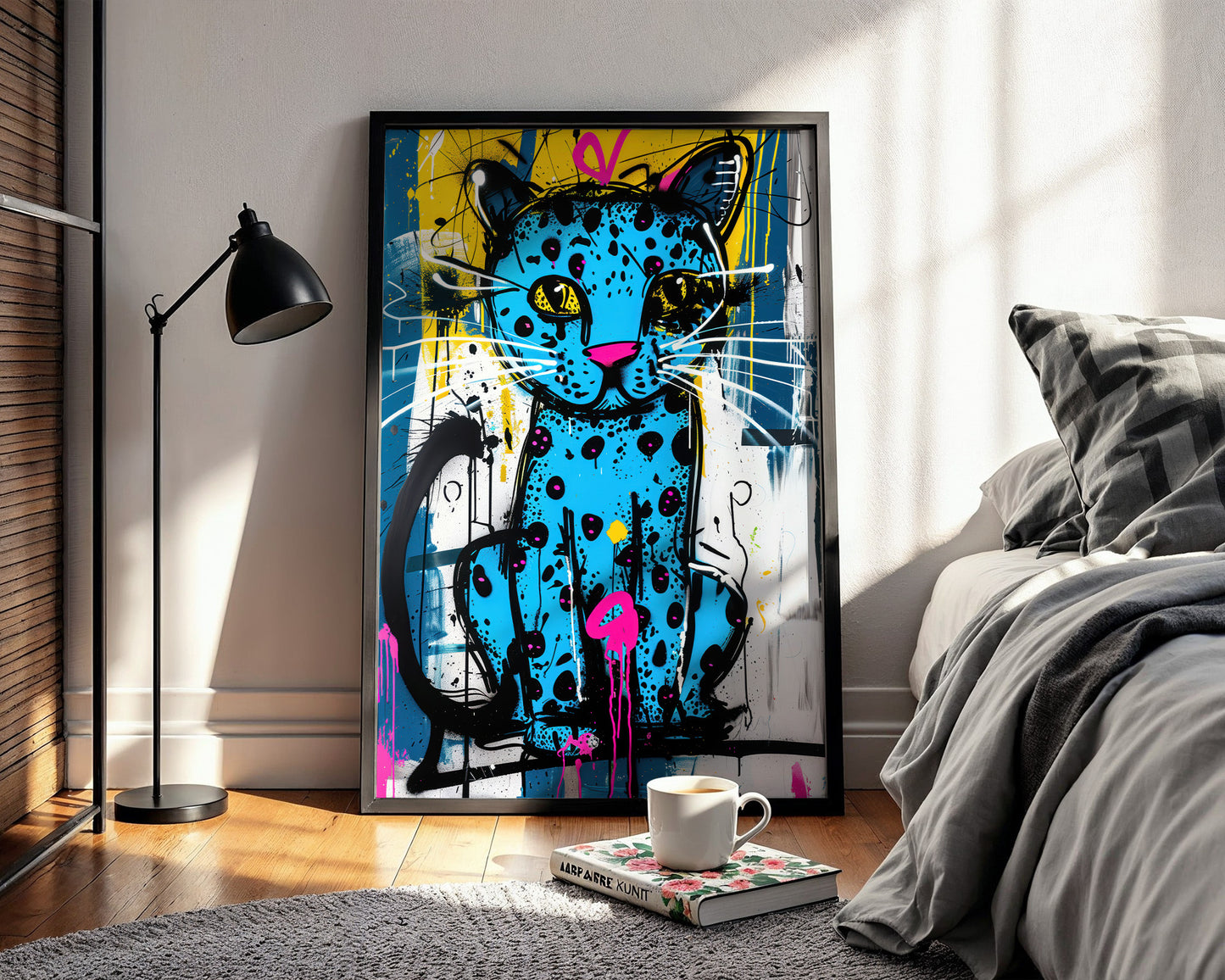 Colorful abstract painting of a cat on a wall in a bedroom.