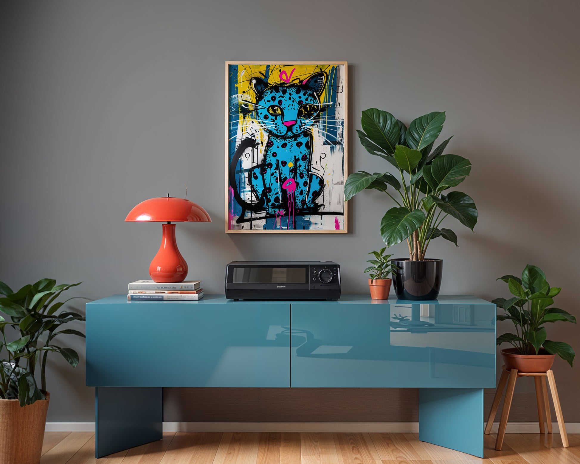 Modern urban home decor interior with a blue console table, red lamp, and colorful cat painting on a gray wall.