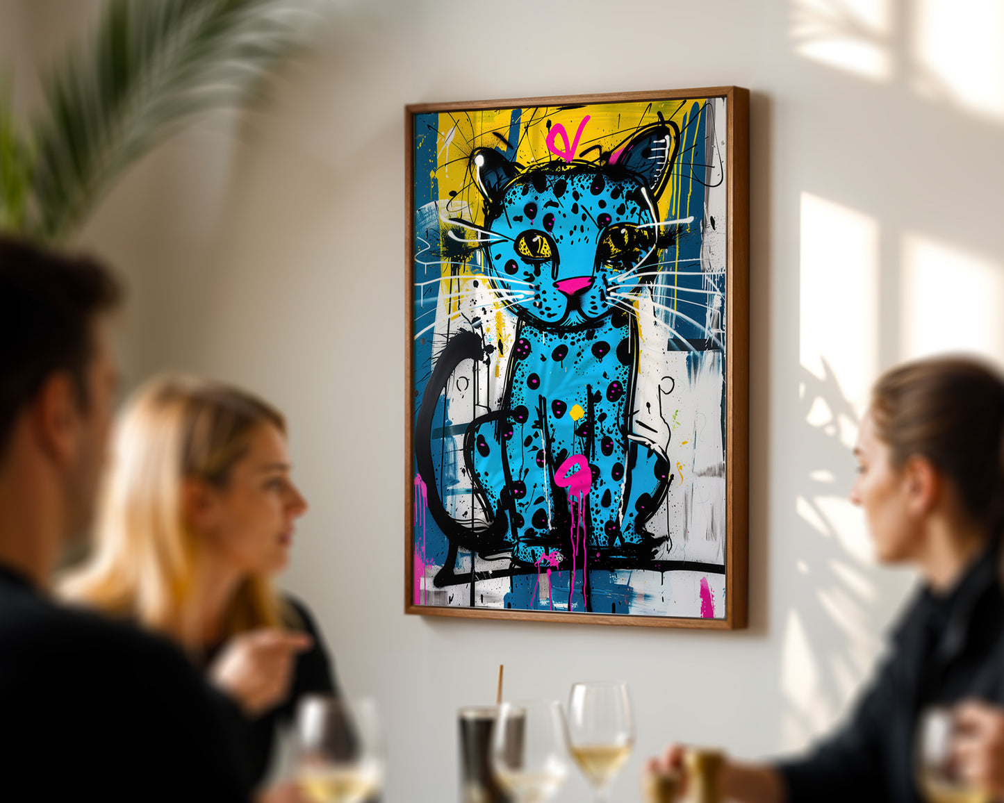 cool living room art abstract painting of a cat on a wall in a social setting