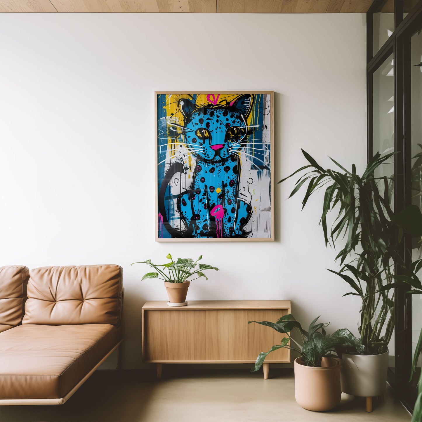 dopamine decor living room with a colorful cat painting on the wall, beige sofa, wooden cabinet, and potted plants.