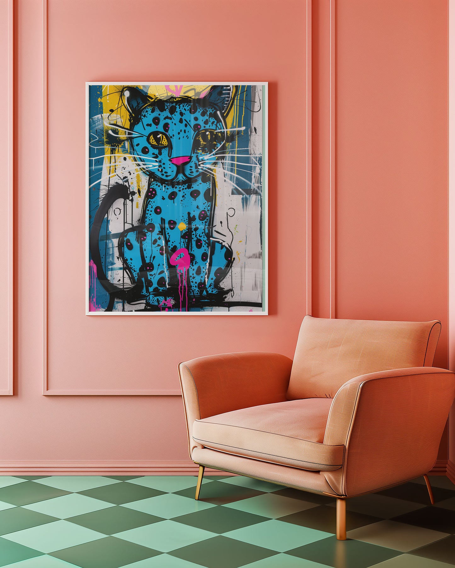 funky home decor abstract cat painting on a pink wall above a peach armchair with a green and blue checkered floor.