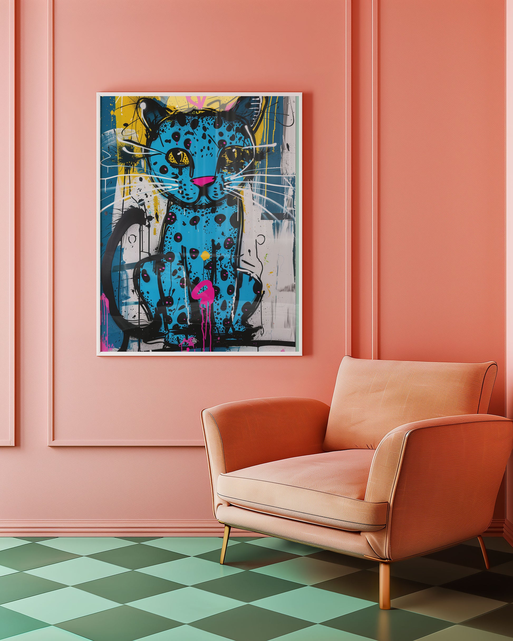 funky home decor abstract cat painting on a pink wall above a peach armchair with a green and blue checkered floor.