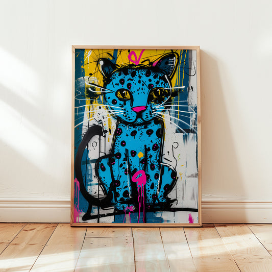 neo-expressionist blue leopard art print, graffiti street art style with cyan spotted big cat yellow and pink drip paint on distressed background
