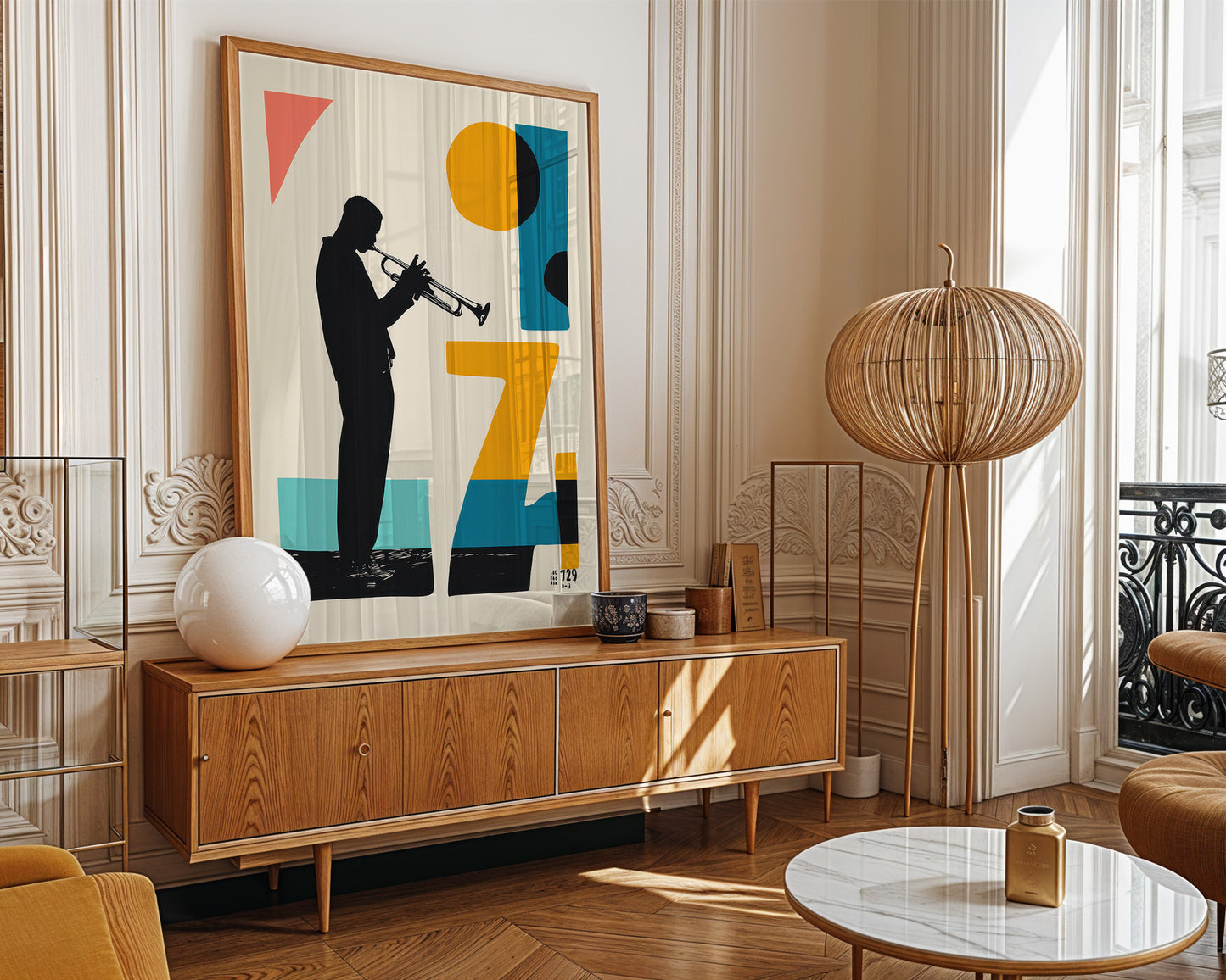 Modern living room with abstract art, wooden cabinet, and decorative lamp.