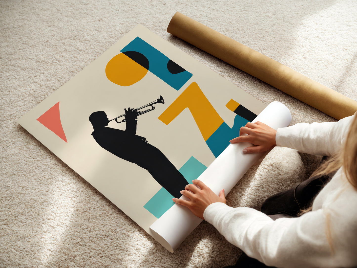 Person unrolling a poster of a silhouette playing a trumpet on a light-colored floor.